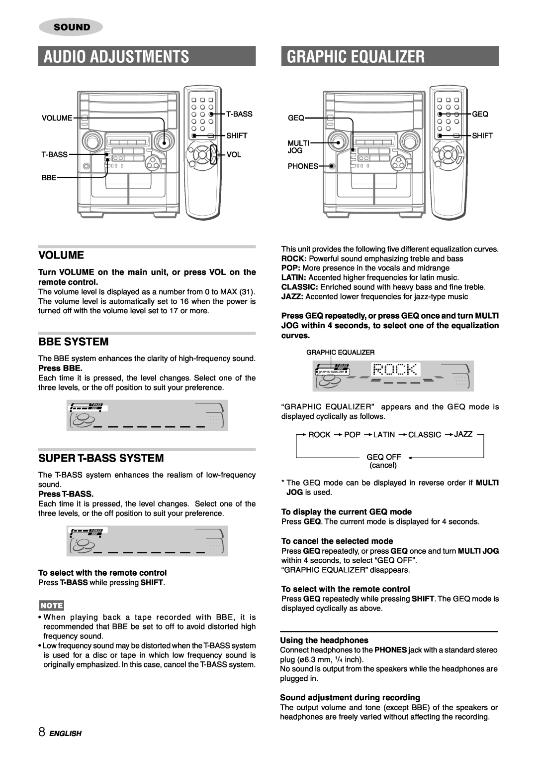 Aiwa CX-NAJ54 manual Audio Adjustments, Graphic Equalizer, Volume, Bbe System, Super T-Basssystem, Press BBE, Press T-BASS 