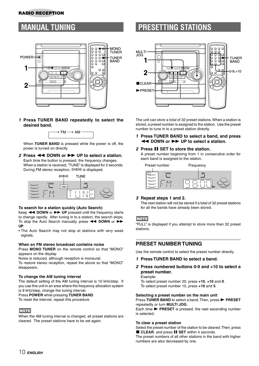 Aiwa NSX-HMT25, CX-NHMT25, NSX-HMT26 operating instructions Manual Tuning, Presetting Stations, Preset Number Tuning 