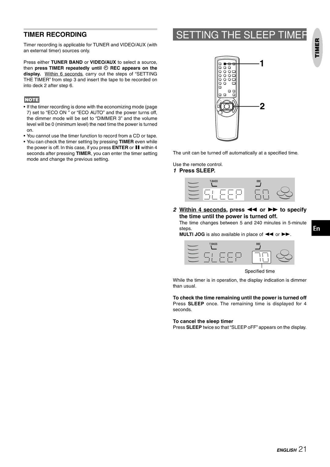 Aiwa CX-NHMT25 Timer Recording, To check the time remaining until the power is turned off, To cancel the sleep timer 