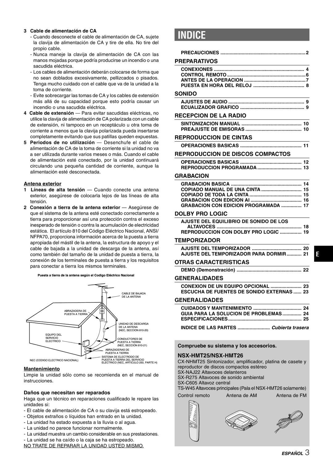 Aiwa NSX-HMT25, CX-NHMT25, NSX-HMT26 Indice, Antena exterior, Mantenimiento, Daños que necesitan ser reparados 