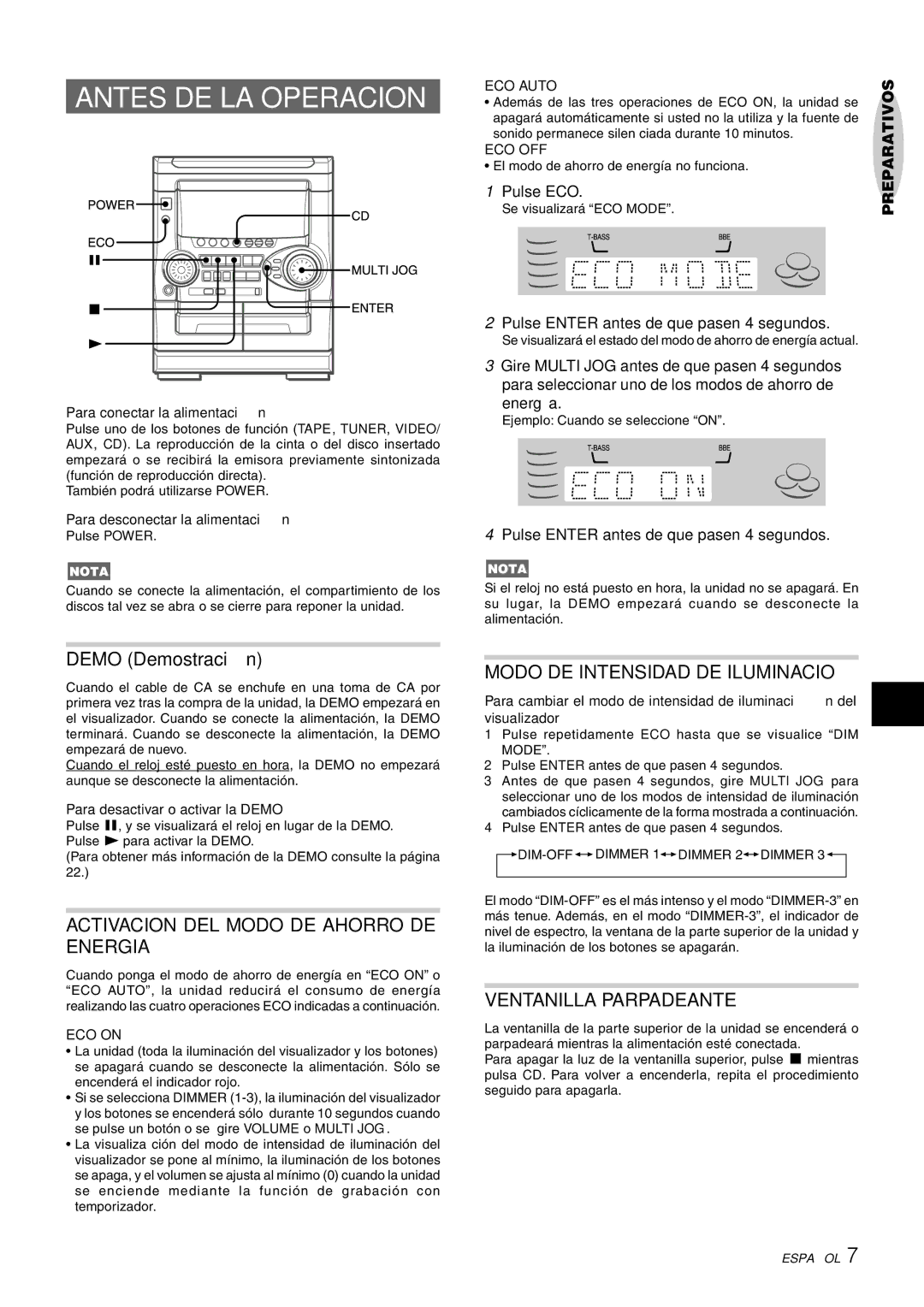 Aiwa NSX-HMT26 Antes DE LA Operacion, Activacion DEL Modo DE Ahorro DE Energia, Modo DE Intensidad DE Iluminacio 