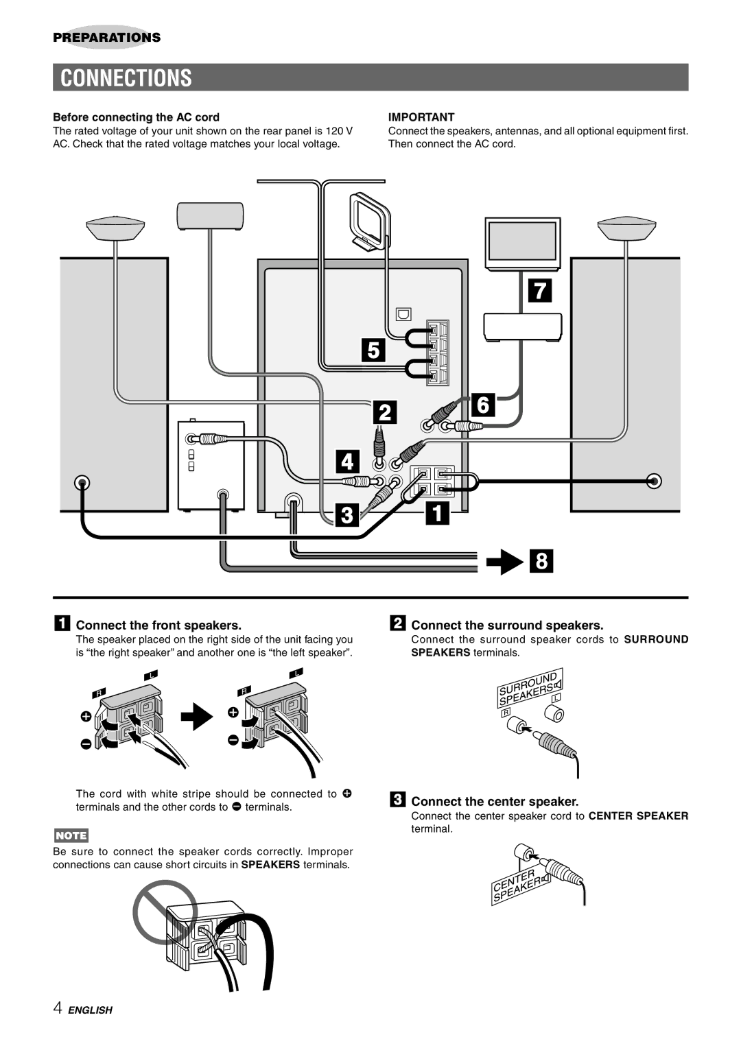 Aiwa NSX-HMT25 Connections, Connect the front speakers, Connect the surround speakers, Connect the center speaker 