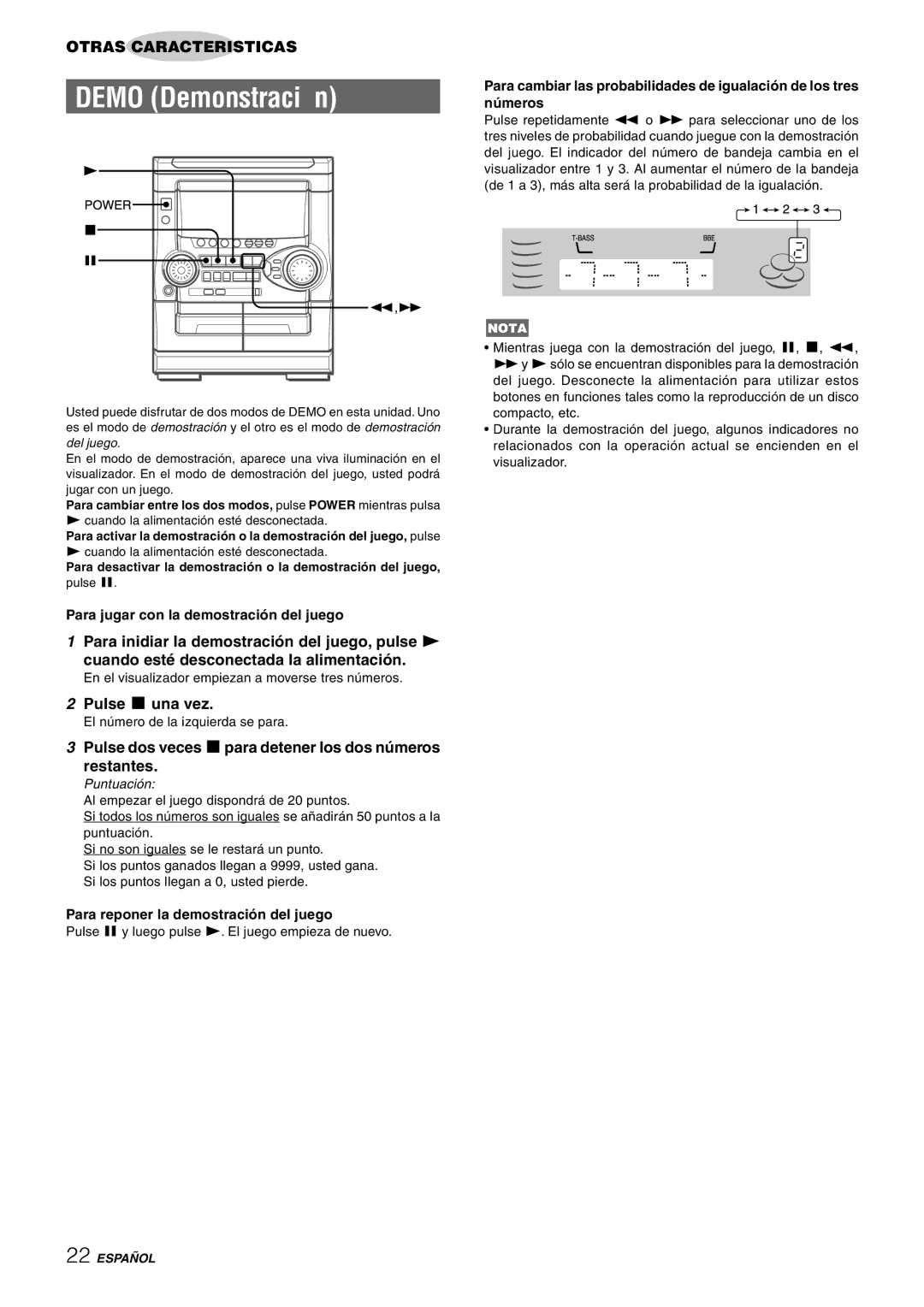 Aiwa NSX-HMT26, CX-NHMT25, NSX-HMT25 Pulse s una vez, Pulse dos veces spara detener los dos números Restantes 