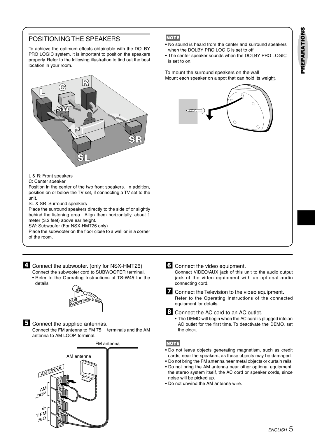 Aiwa NSX-HMT26 Positioning the Speakers, Connect the supplied antennas, Connect the Television to the video equipment 