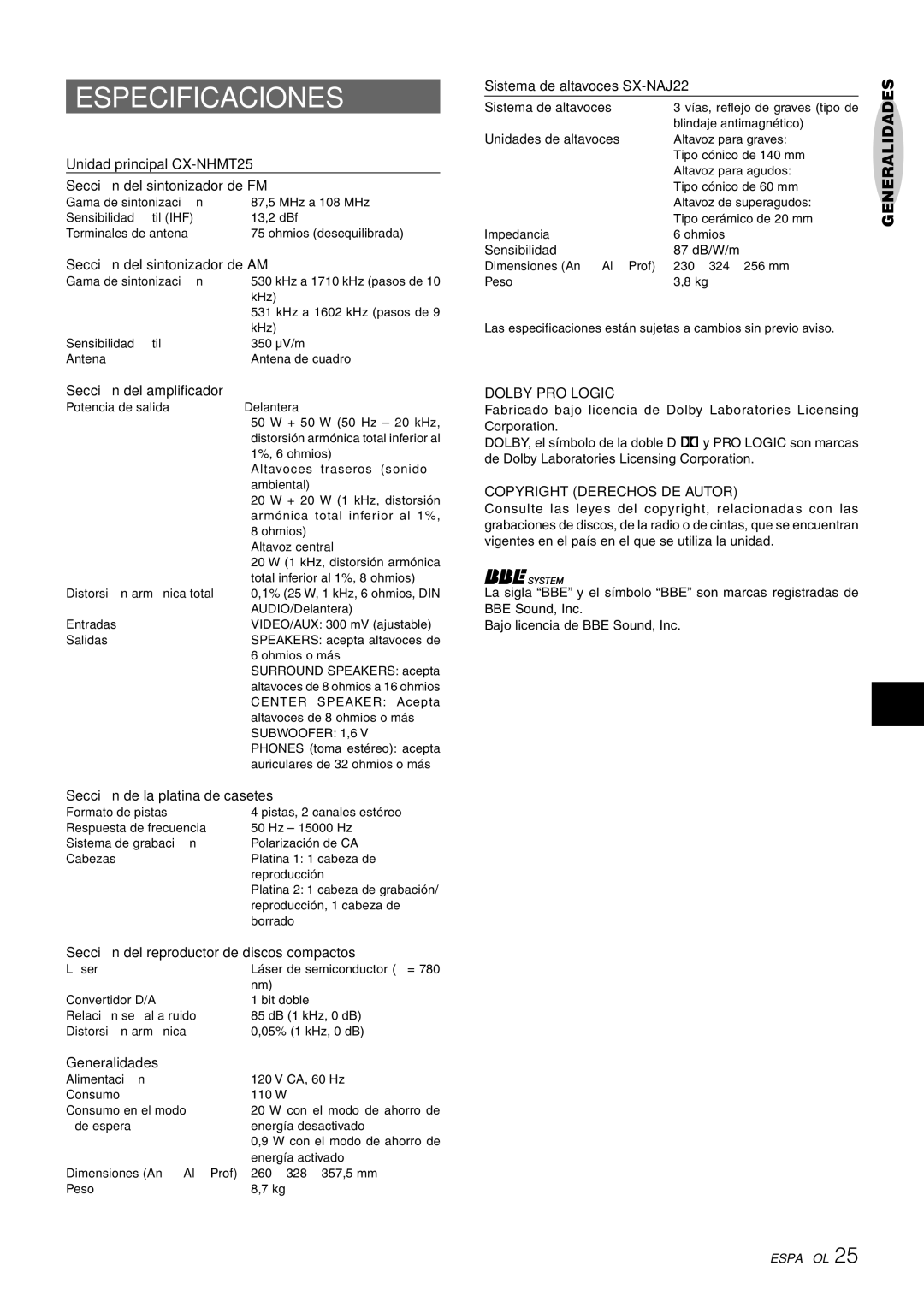 Aiwa NSX-HMT26, CX-NHMT25, NSX-HMT25 operating instructions Especificaciones, Copyright Derechos DE Autor 