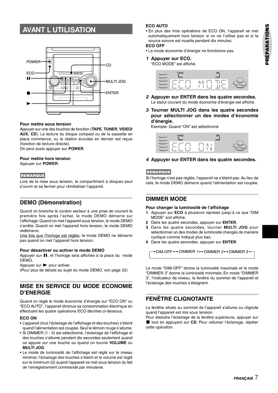 Aiwa NSX-HMT26 Avant L’UTILISATION, Mise EN Service DU Mode Economie D’ENERGIE, Fenêtre Clignotante, Appuyer sur ECO 