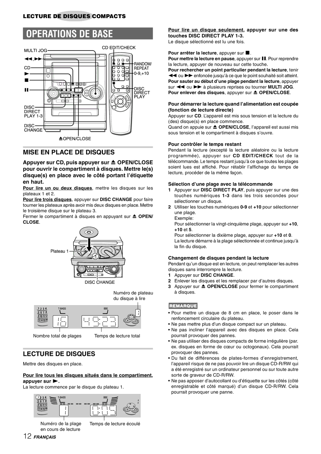 Aiwa NSX-HMT25, CX-NHMT25, NSX-HMT26 Mise EN Place DE Disques, Lecture DE Disques, Pour contrôler le temps restant 