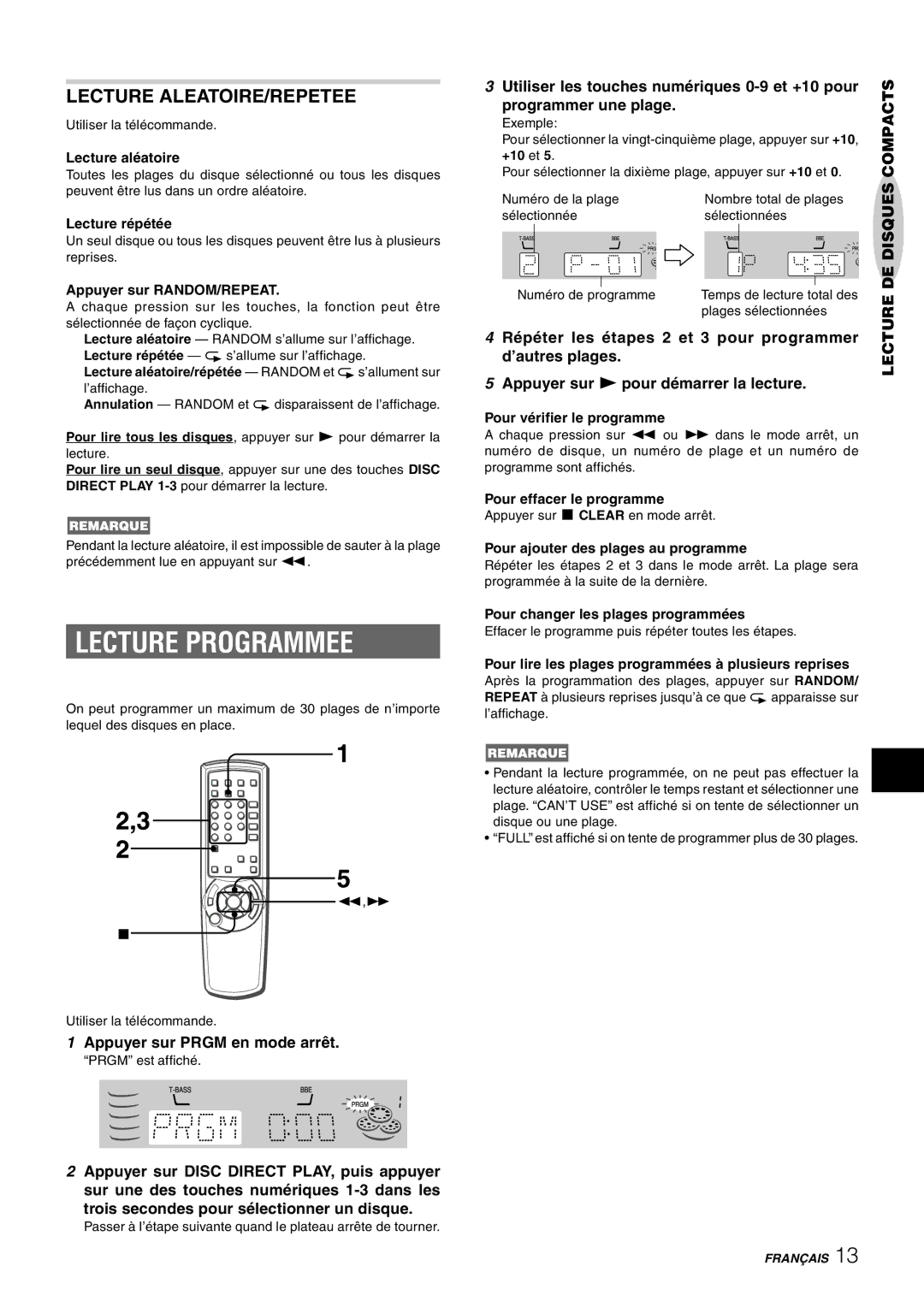 Aiwa NSX-HMT26, CX-NHMT25, NSX-HMT25 Lecture Programmee, Lecture ALEATOIRE/REPETEE, Appuyer sur Prgm en mode arrêt 