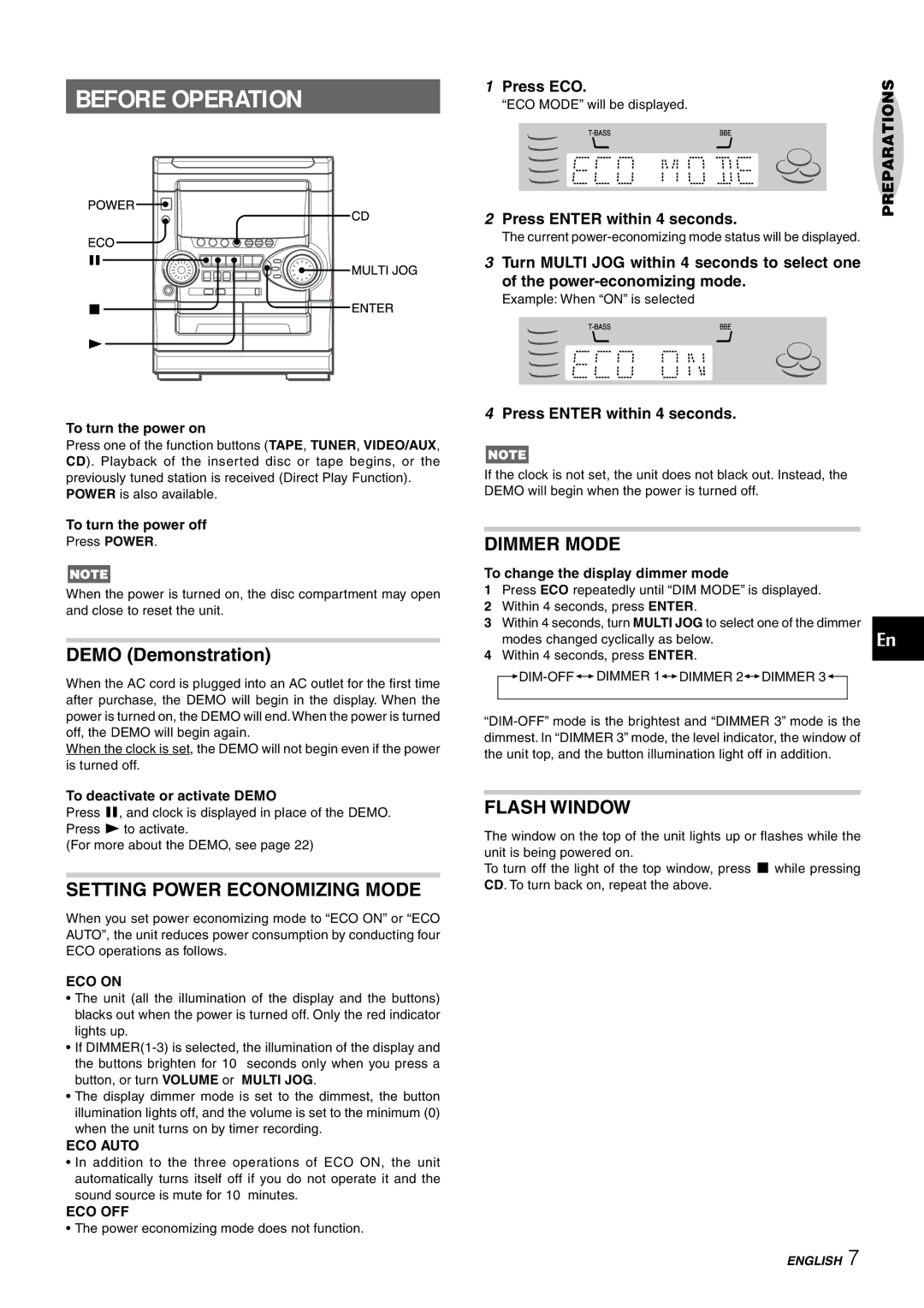 Aiwa NSX-HMT25, CX-NHMT25, NSX-HMT26 Before Operation, Setting Power Economizing Mode, Dimmer Mode, Flash Window 