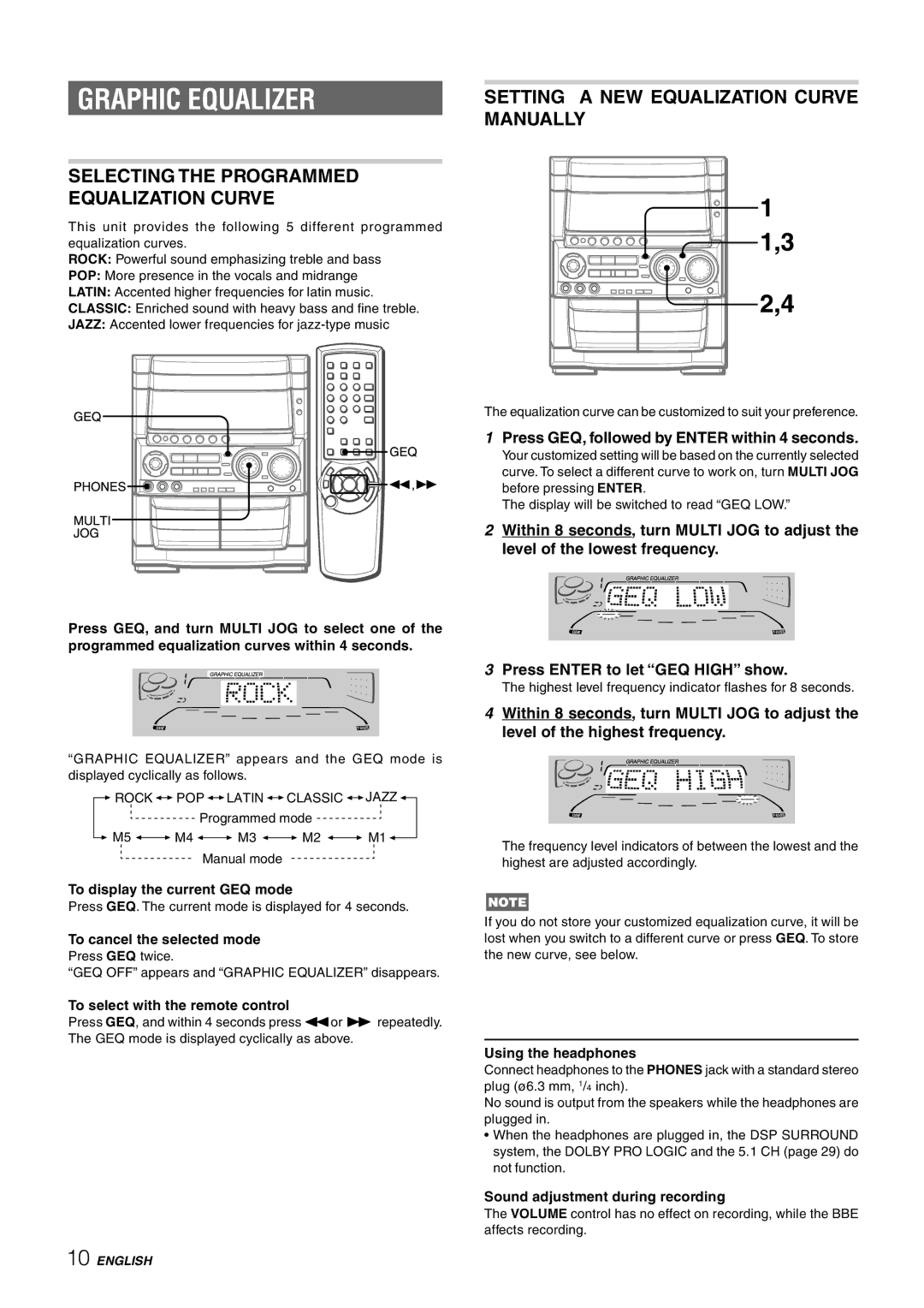 Aiwa CX-NHMT75 Graphic Equalizer, Selecting the Programmed Equalization Curve, Setting a NEW Equalization Curve Manually 