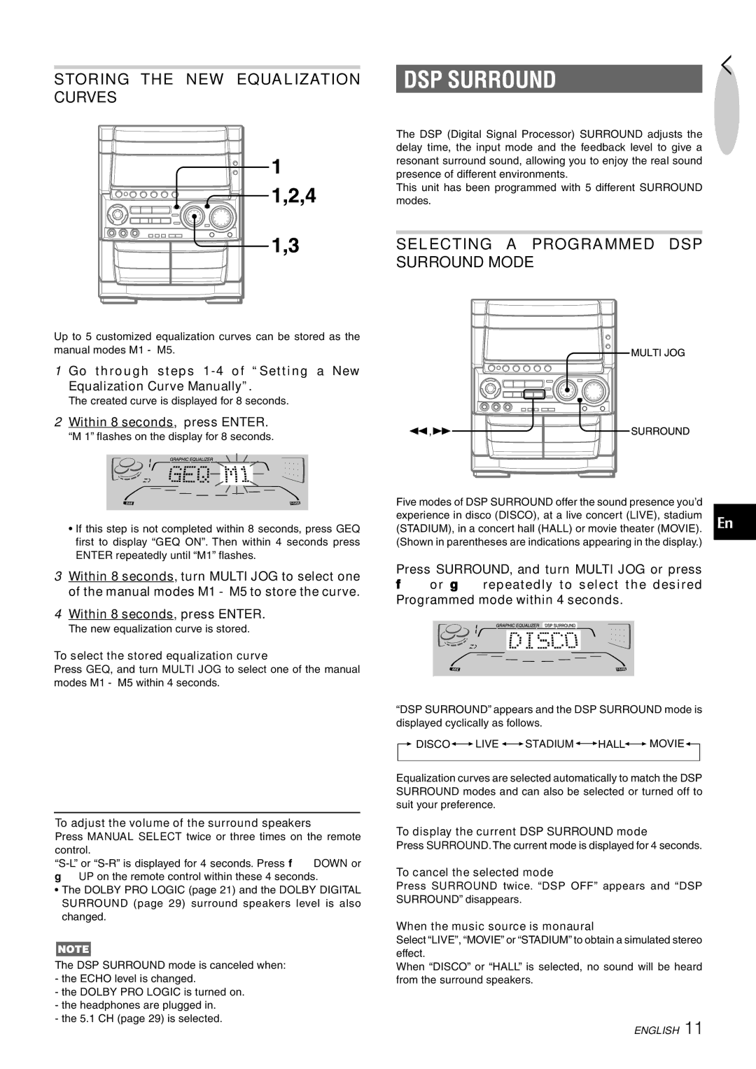 Aiwa CX-NHMT75 manual Storing the NEW Equalization Curves, Selecting a Programmed DSP Surround Mode 