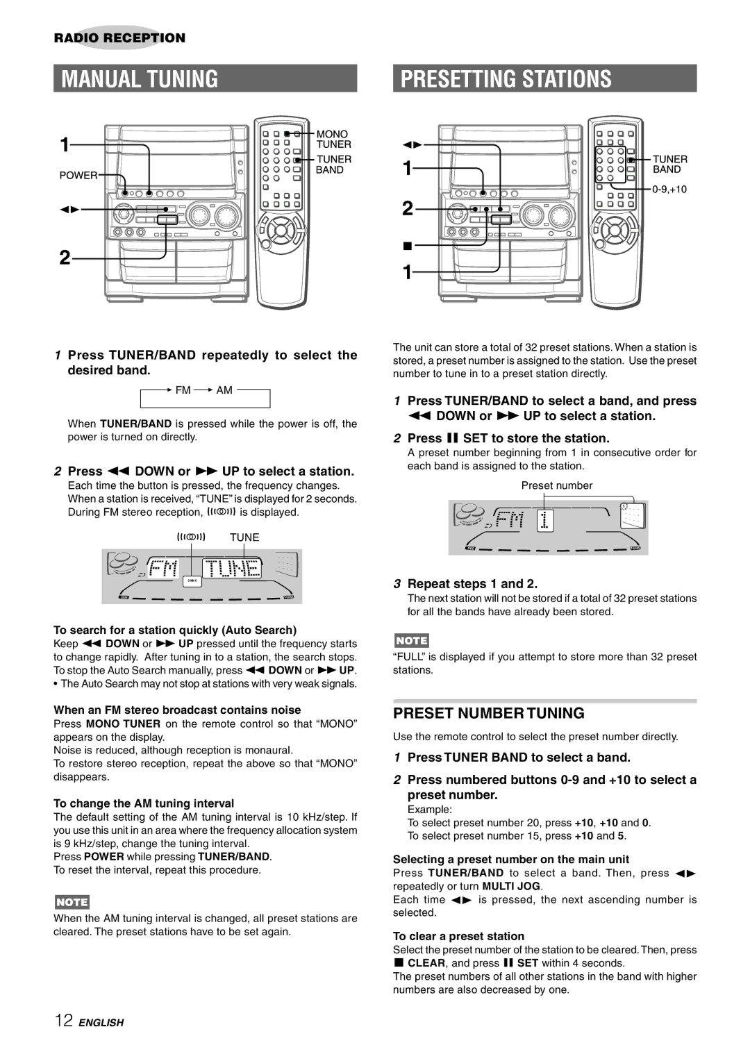 Aiwa CX-NHMT75 manual Manual Tuning, Presetting Stations, Preset Number Tuning 