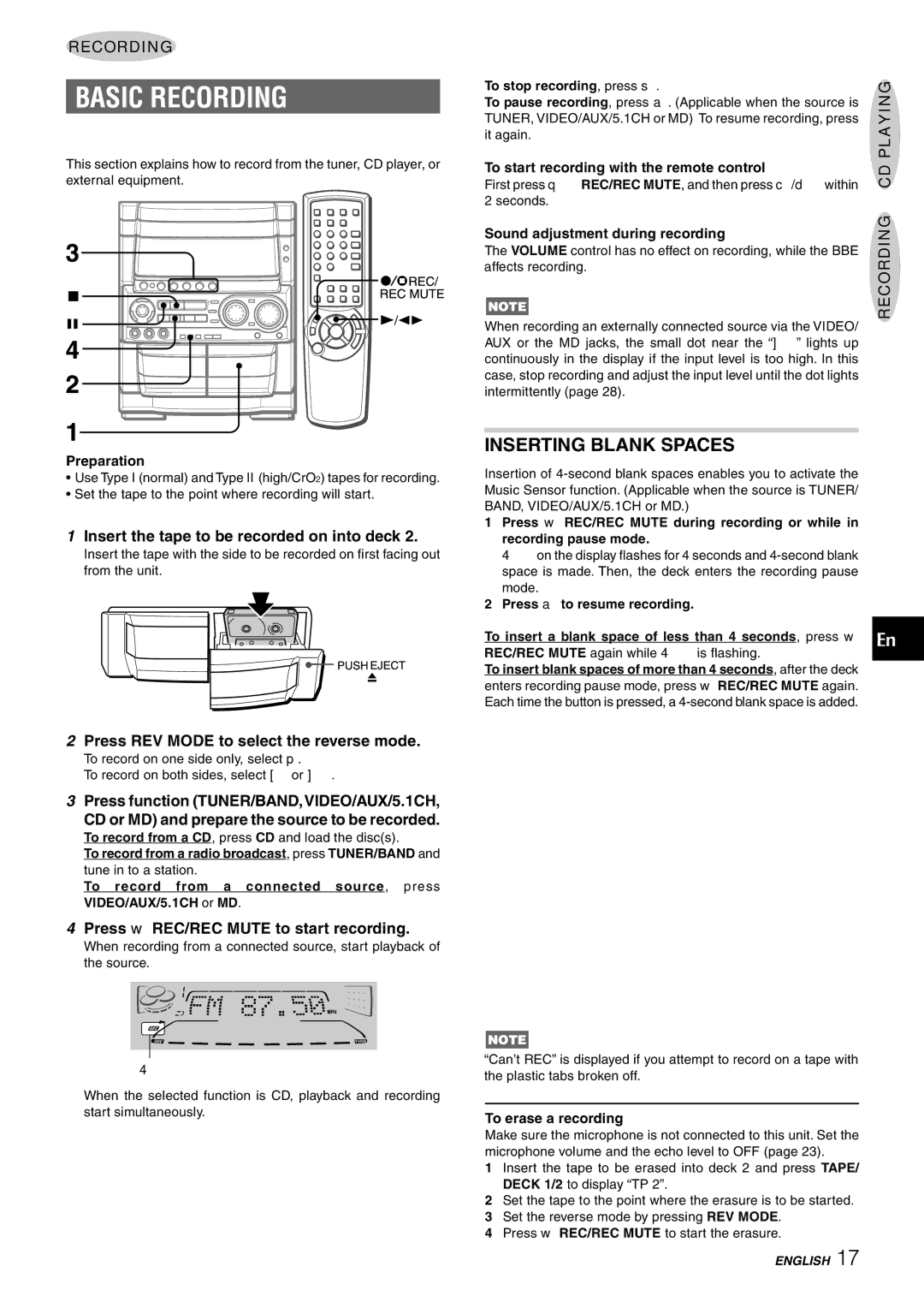 Aiwa CX-NHMT75 manual Basic Recording, Inserting Blank Spaces, Recording CD Playing 