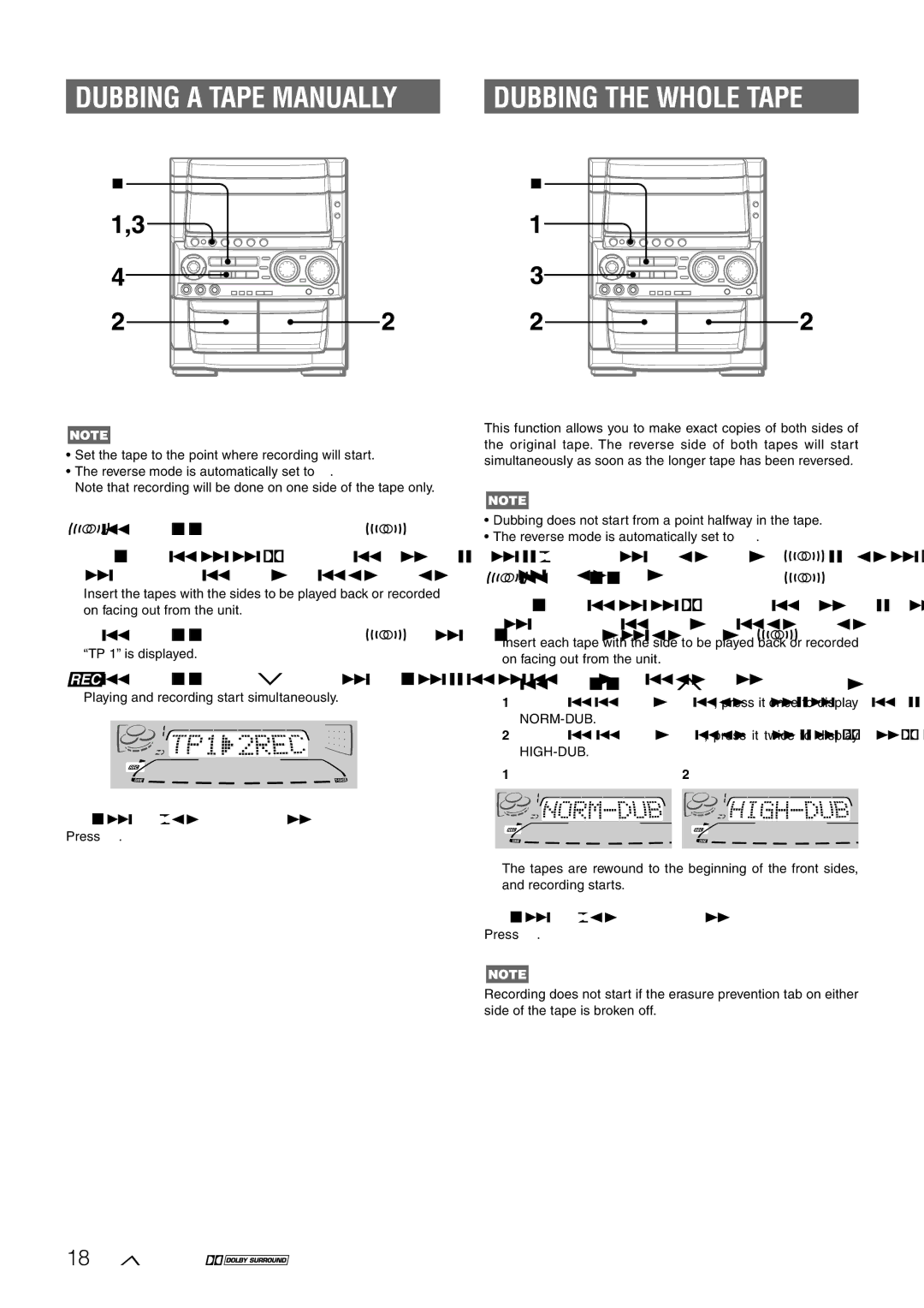 Aiwa CX-NHMT75 manual Dubbing a Tape Manually, Press TAPE/DECK 1/2 to select deck, To stop dubbing 