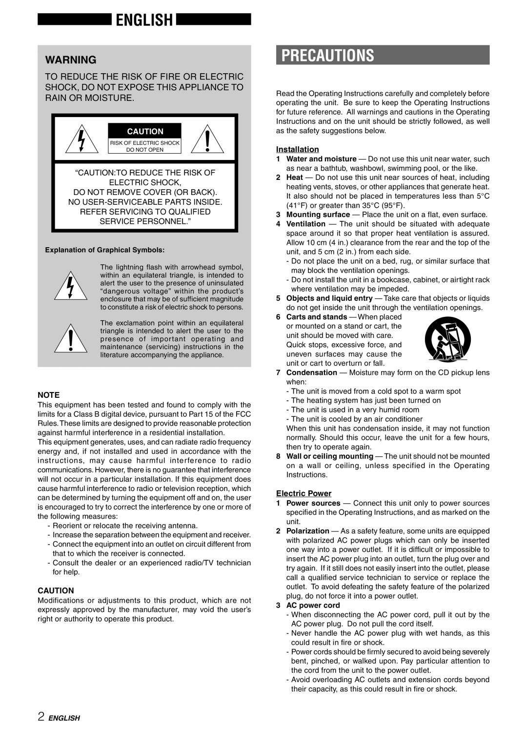 Aiwa CX-NHMT75 manual Precautions, Installation, Electric Power 