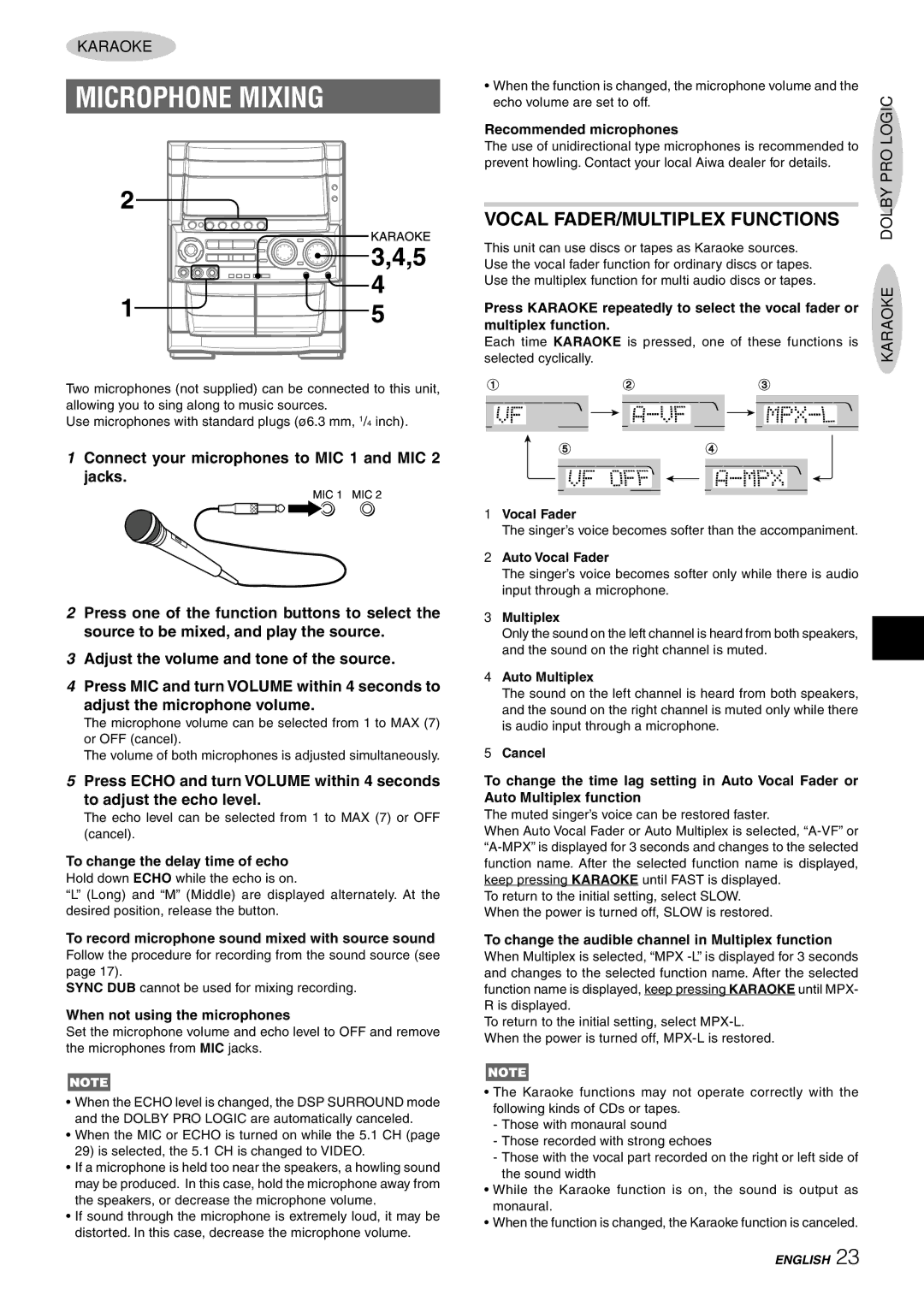 Aiwa CX-NHMT75 manual Microphone Mixing, Vocal FADER/MULTIPLEX Functions, Karaoke Dolby PRO Logic 