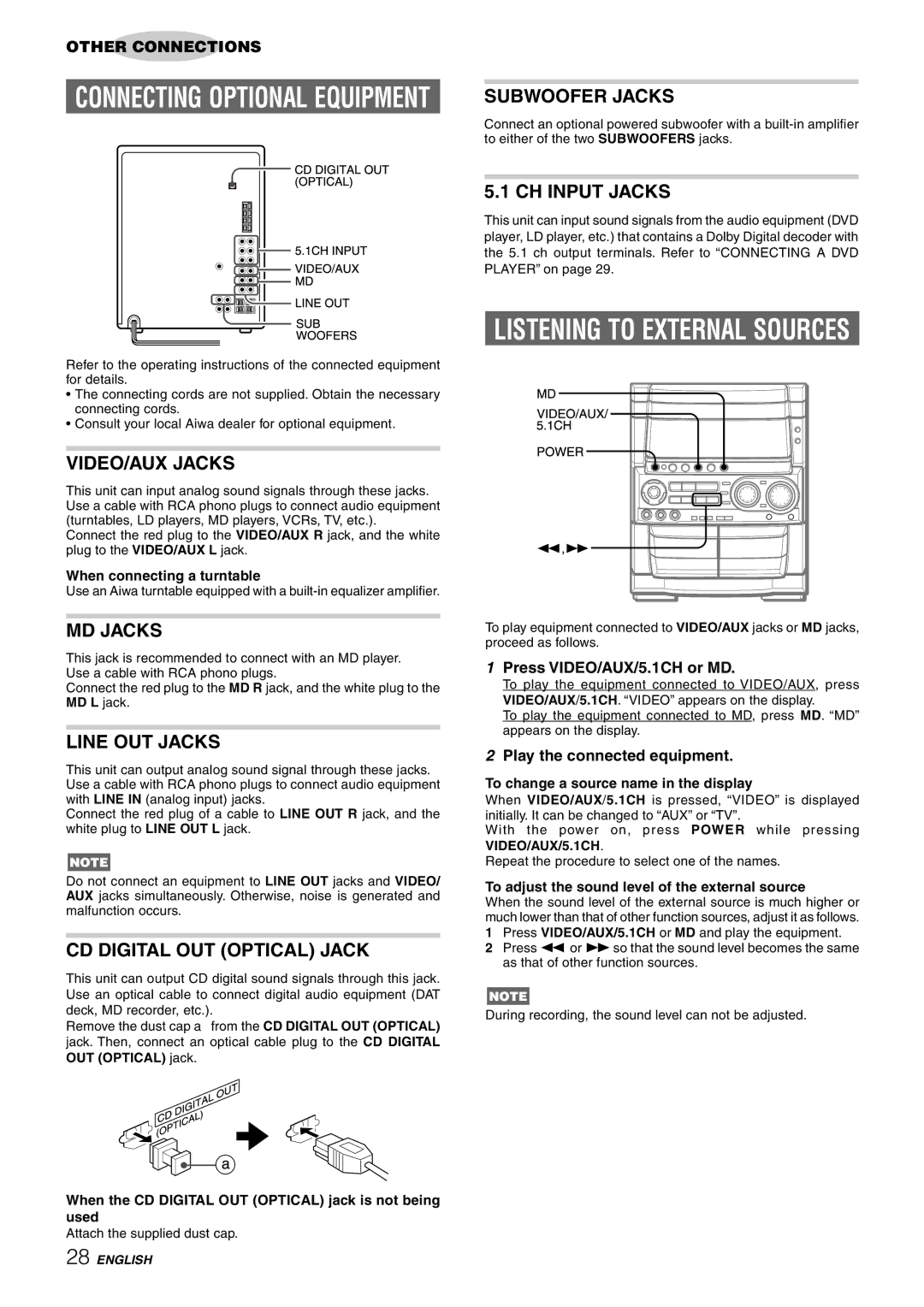 Aiwa CX-NHMT75 VIDEO/AUX Jacks, MD Jacks, Line OUT Jacks, CD Digital OUT Optical Jack, Subwoofer Jacks, CH Input Jacks 