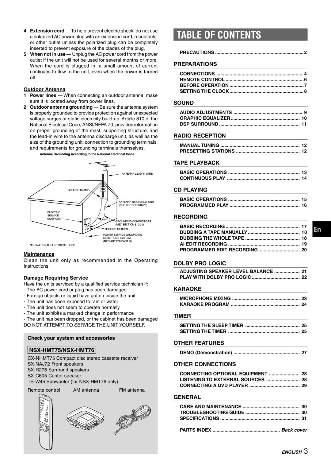 Aiwa CX-NHMT75 manual Table of Contents 