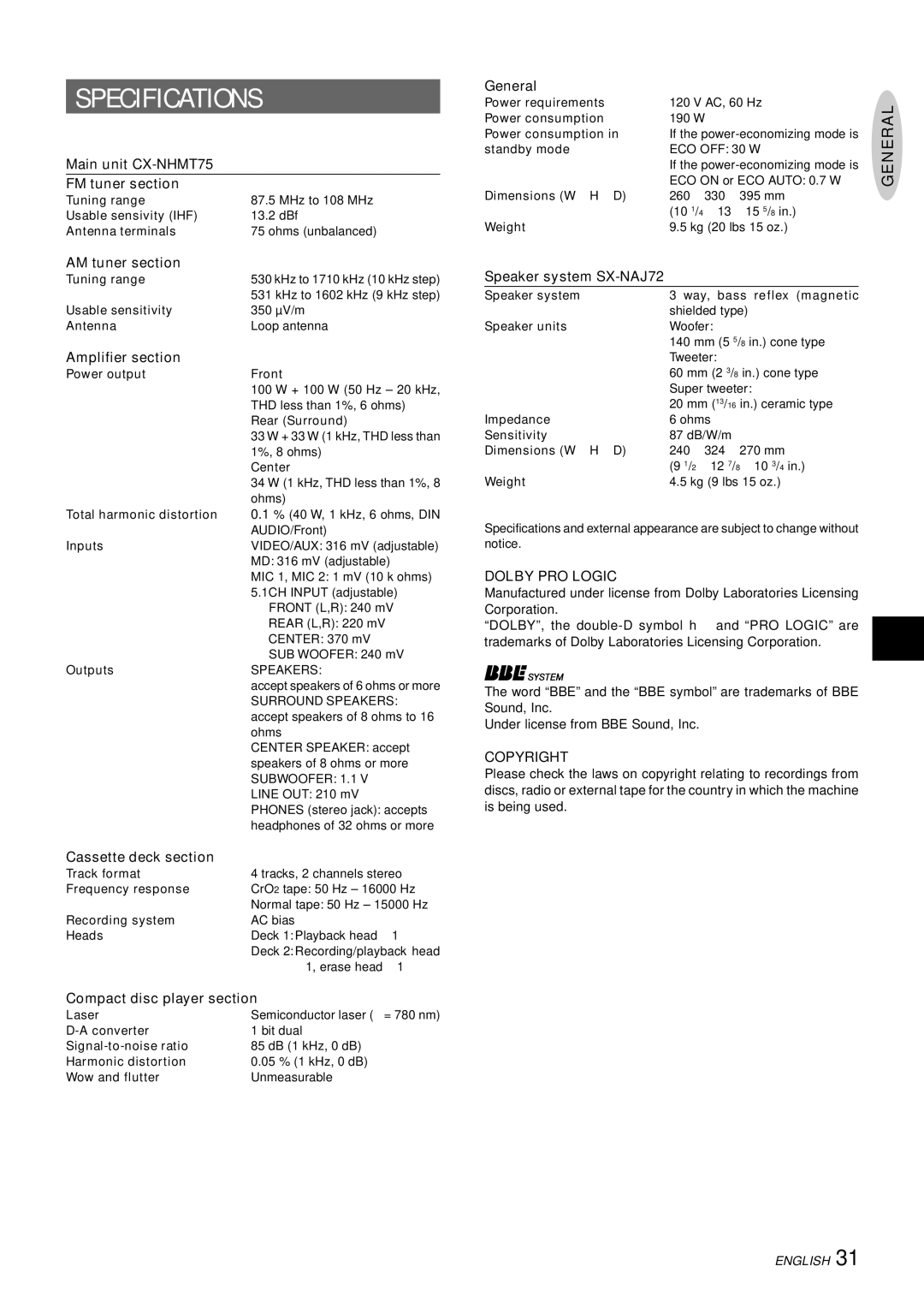 Aiwa CX-NHMT75 manual Specifications, Dolby PRO Logic, Copyright 