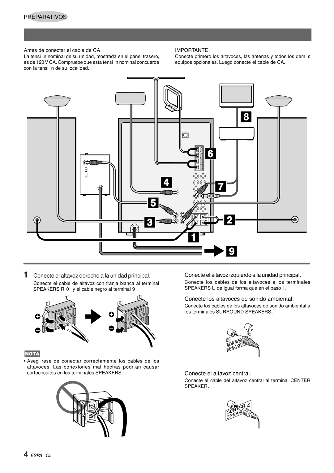 Aiwa CX-NHMT75 Conexiones, 1Conecte el altavoz derecho a la unidad principal, 3Conecte los altavoces de sonido ambiental 