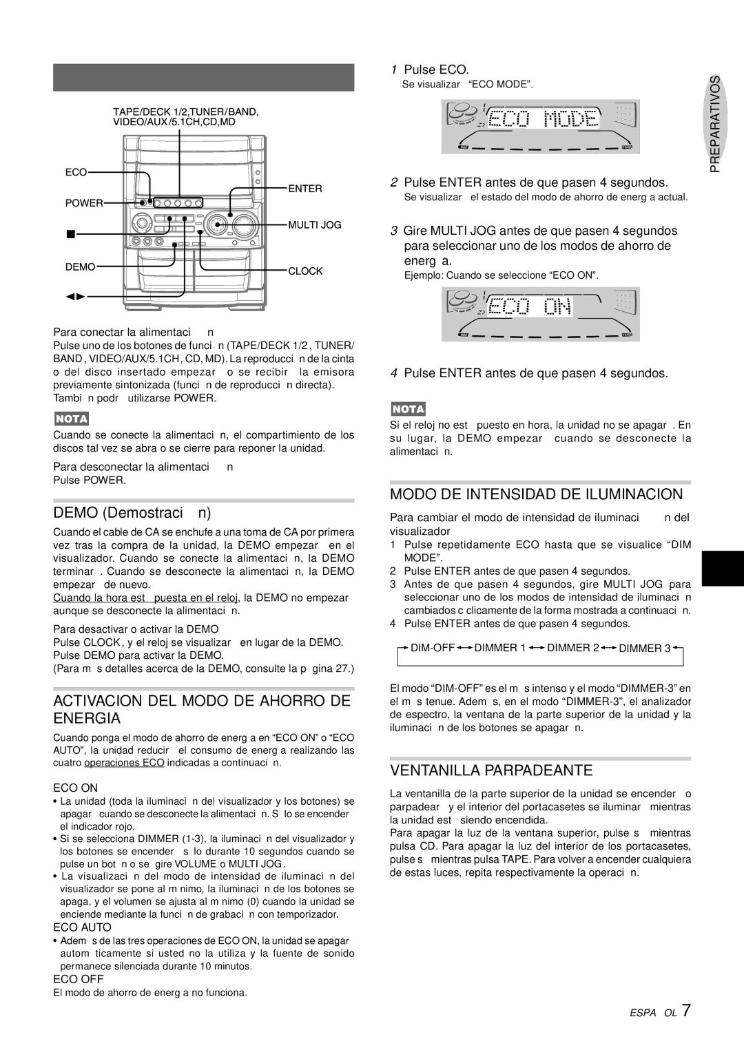 Aiwa CX-NHMT75 manual Antes DE LA Operacion, Activacion DEL Modo DE Ahorro DE Energia, Modo DE Intensidad DE Iluminacion 