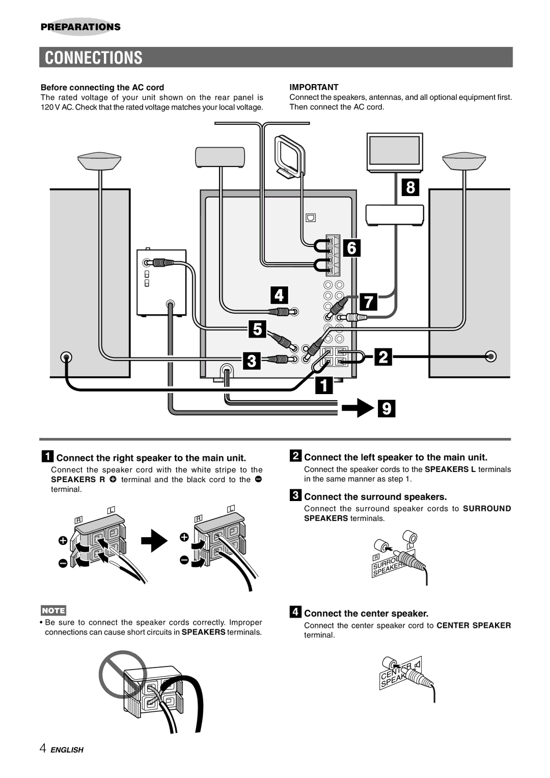 Aiwa CX-NHMT75 manual Connections, 1Connect the right speaker to the main unit, 2Connect the left speaker to the main unit 