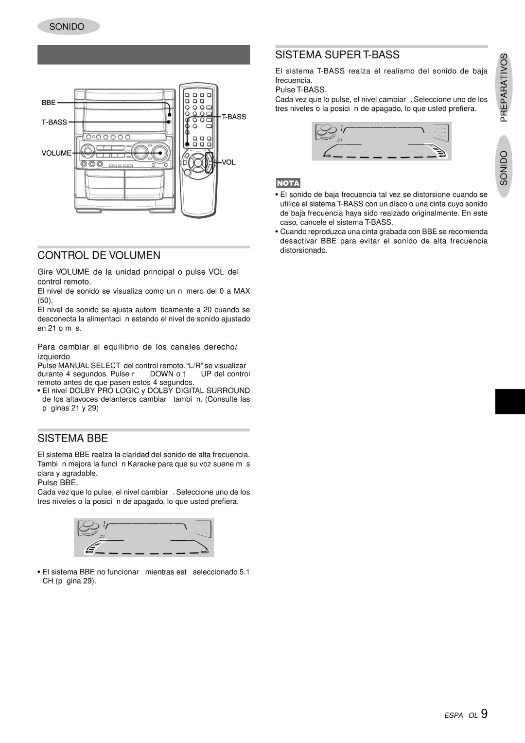 Aiwa CX-NHMT75 manual Ajustes DE Audio, Control DE Volumen, Sistema BBE, Sistema Super T-BASS 