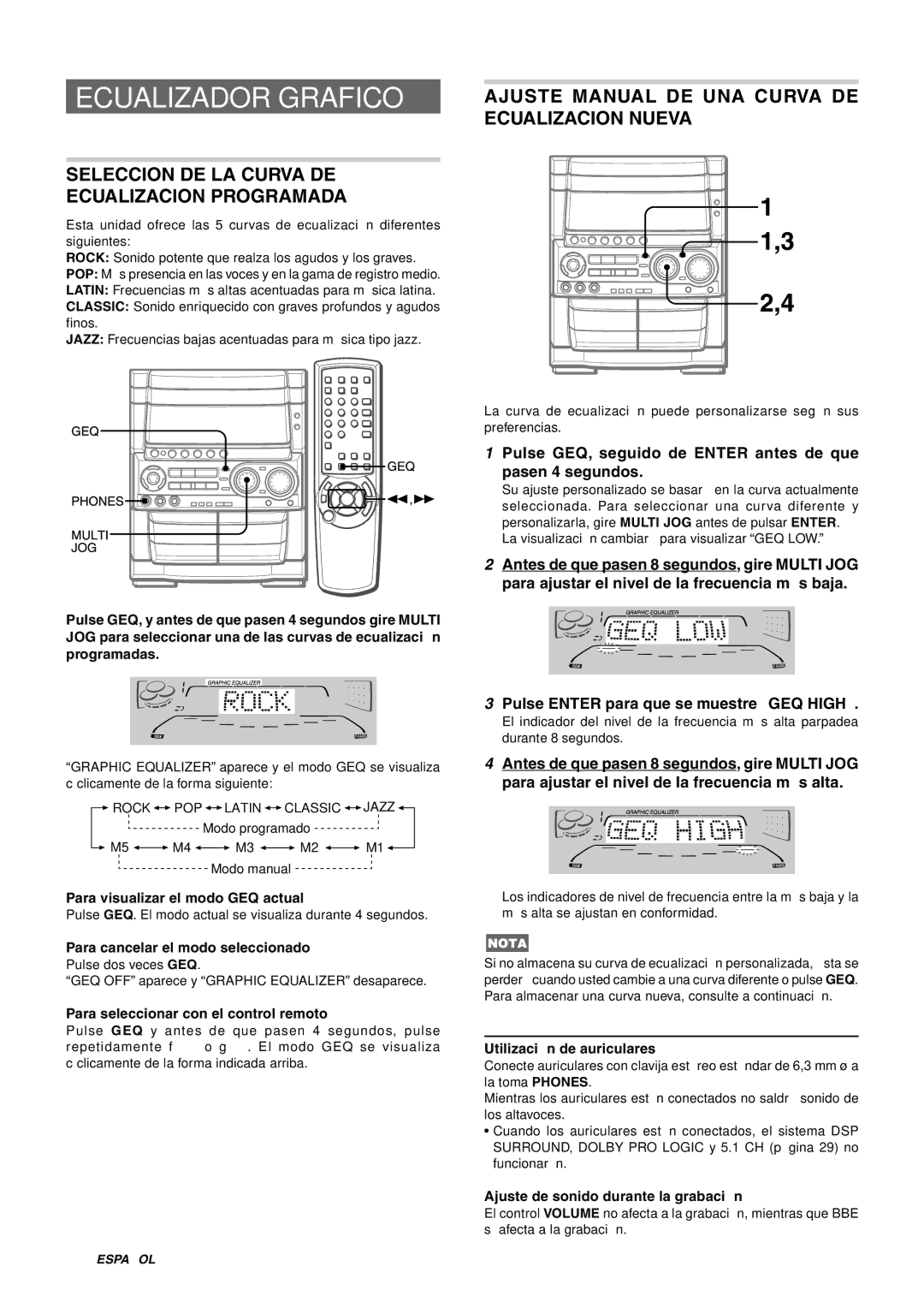 Aiwa CX-NHMT75 manual Ecualizador Grafico, Seleccion DE LA Curva DE Ecualizacion Programada 