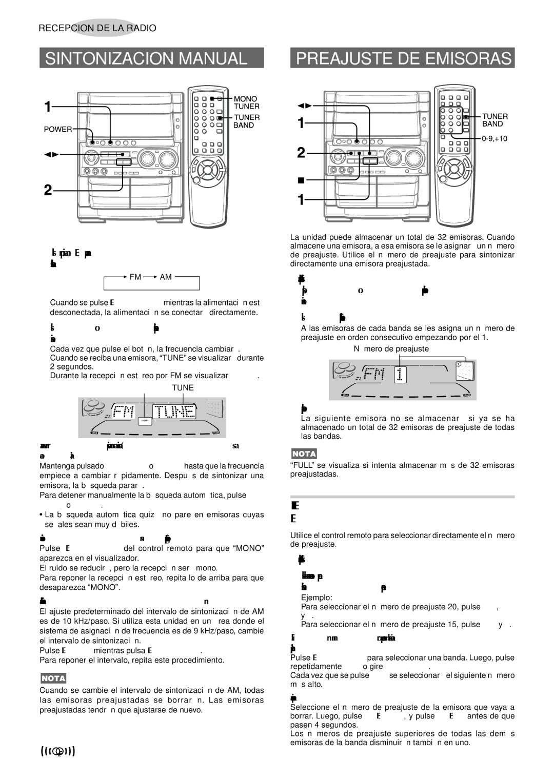 Aiwa CX-NHMT75 manual Sintonizacion Manual, Preajuste DE Emisoras, Sintonizacion Mediante Numero DE Preajuste 