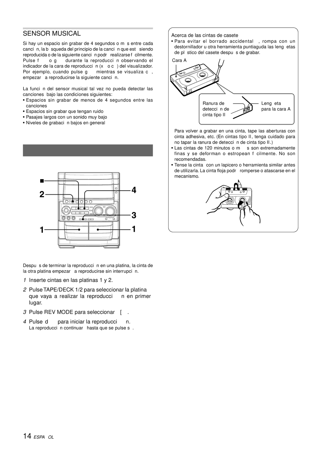 Aiwa CX-NHMT75 manual Reproduccion Continua, Sensor Musical, Acerca de las cintas de casete 