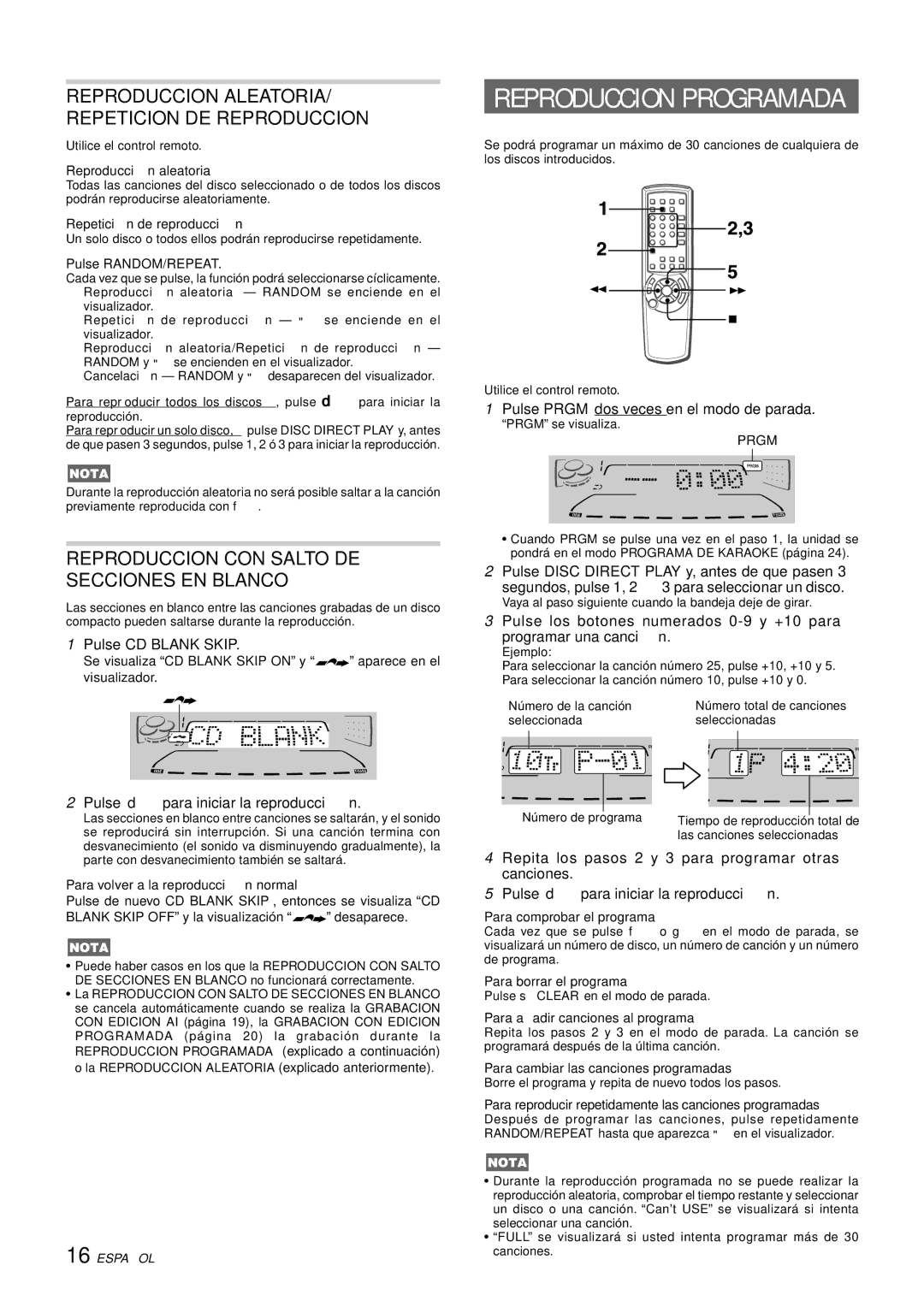 Aiwa CX-NHMT75 manual Reproduccion ALEATORIA/ Repeticion DE Reproduccion, Reproduccion CON Salto DE Secciones EN Blanco 