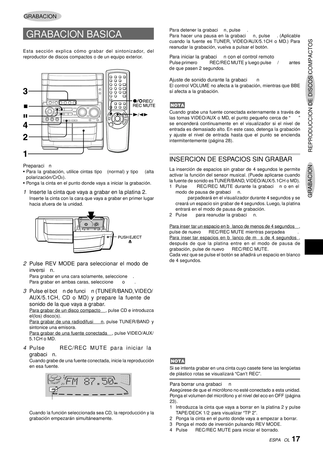 Aiwa CX-NHMT75 manual Grabacion Basica, Insercion DE Espacios SIN Grabar, Grabacion Reproduccion DE Discos Compactos 