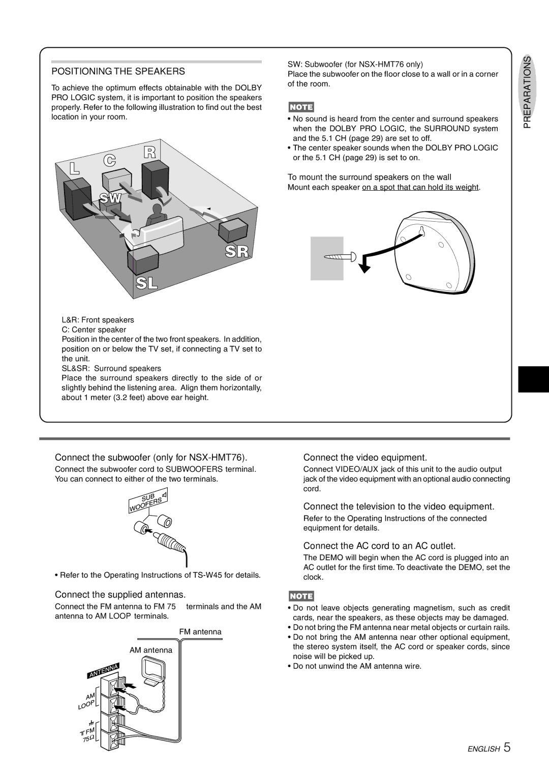 Aiwa CX-NHMT75 manual Positioning the Speakers 