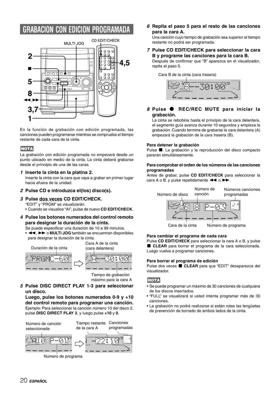 Aiwa CX-NHMT75 manual Grabacion CON Edicion Programada, Para cambiar el programa de cada cara 