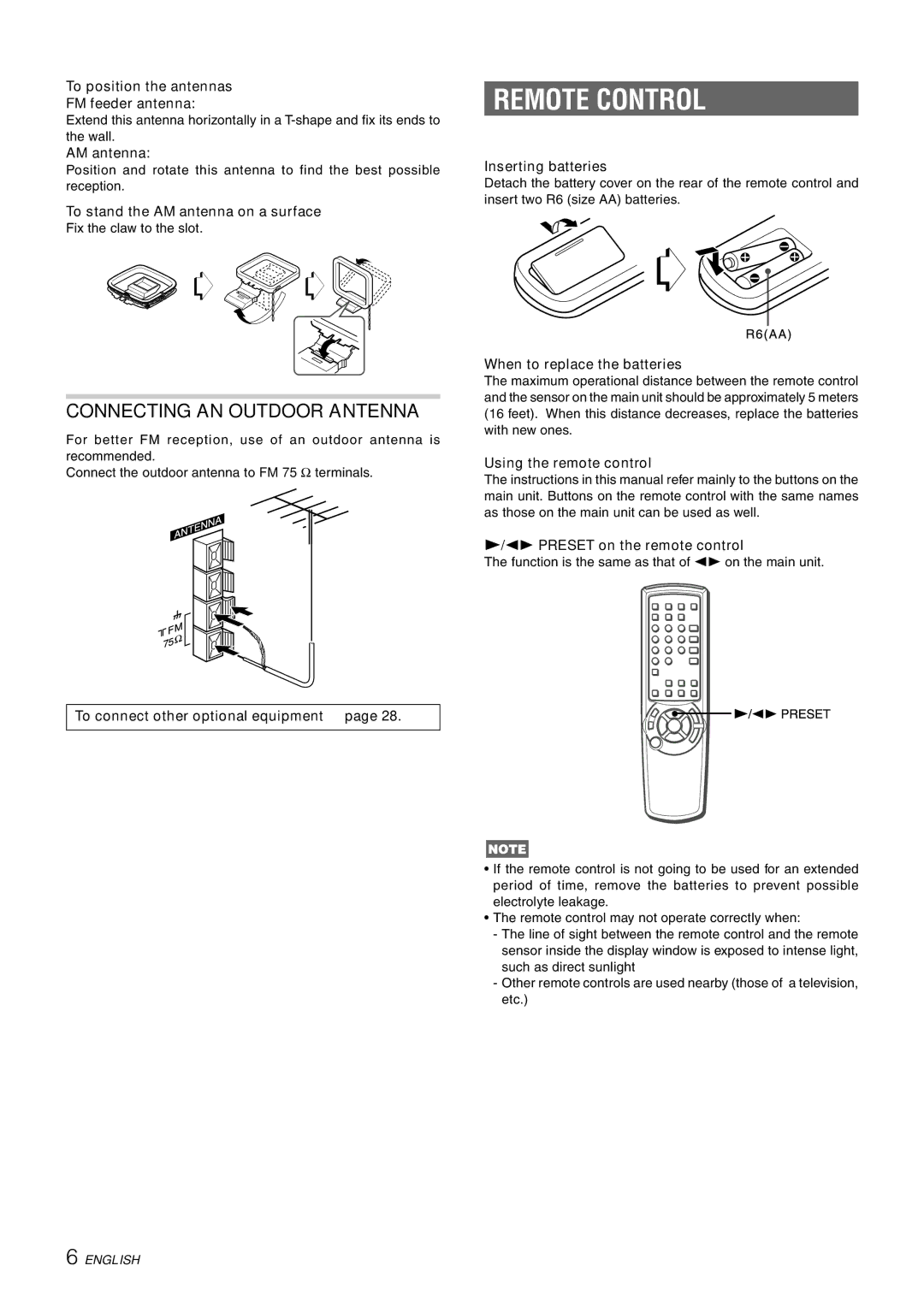 Aiwa CX-NHMT75 manual Remote Control, Connecting AN Outdoor Antenna 