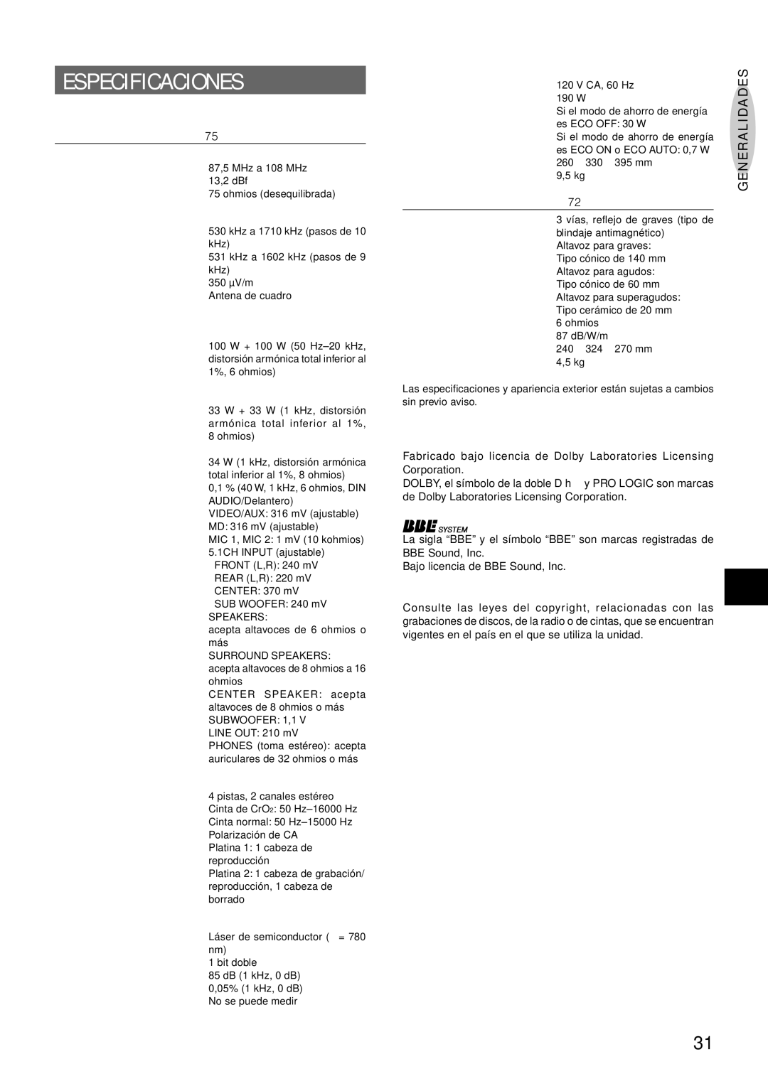 Aiwa CX-NHMT75 manual Especificaciones, Copyright Derechos DE Autor 