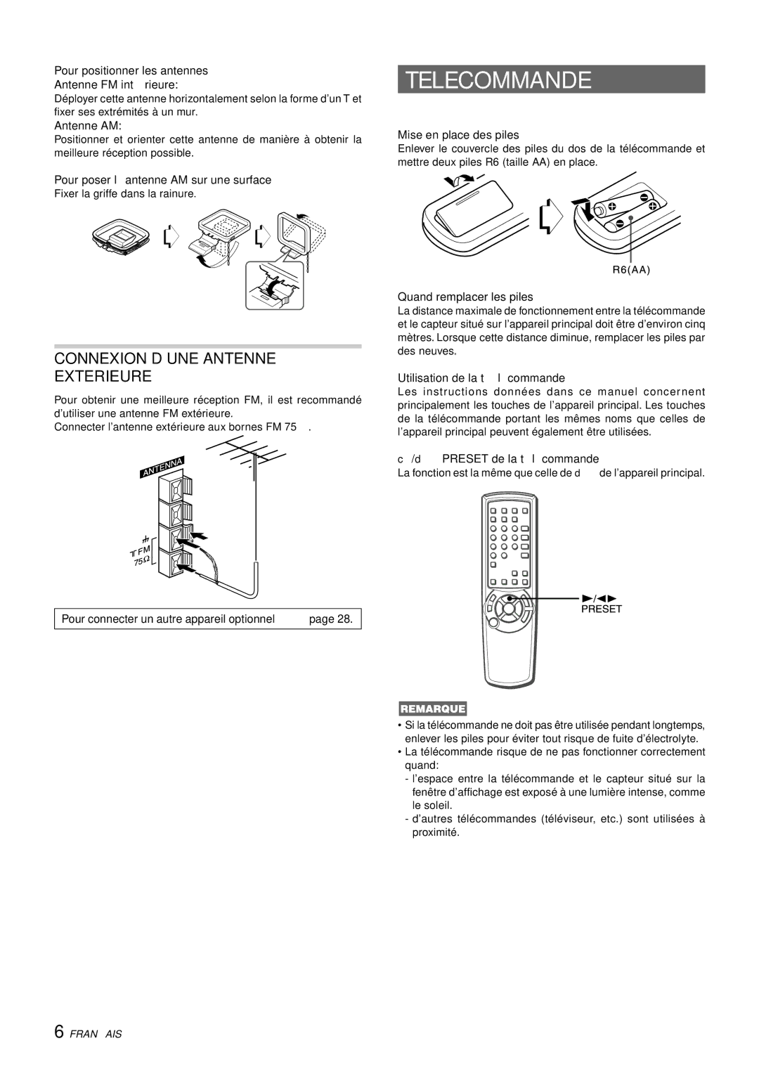 Aiwa CX-NHMT75 manual Telecommande, Connexion D’UNE Antenne Exterieure 