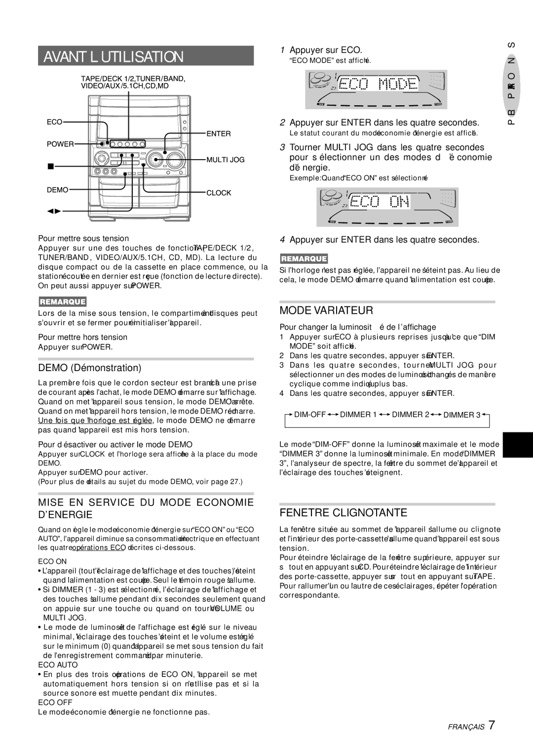 Aiwa CX-NHMT75 manual Avant L’UTILISATION, Mode Variateur, Fenetre Clignotante, Appuyer sur ECO 