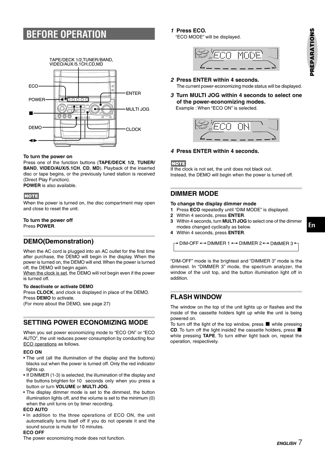 Aiwa CX-NHMT75 Before Operation, Setting Power Economizing Mode, Dimmer Mode, Flash Window, Press Enter within 4 seconds 