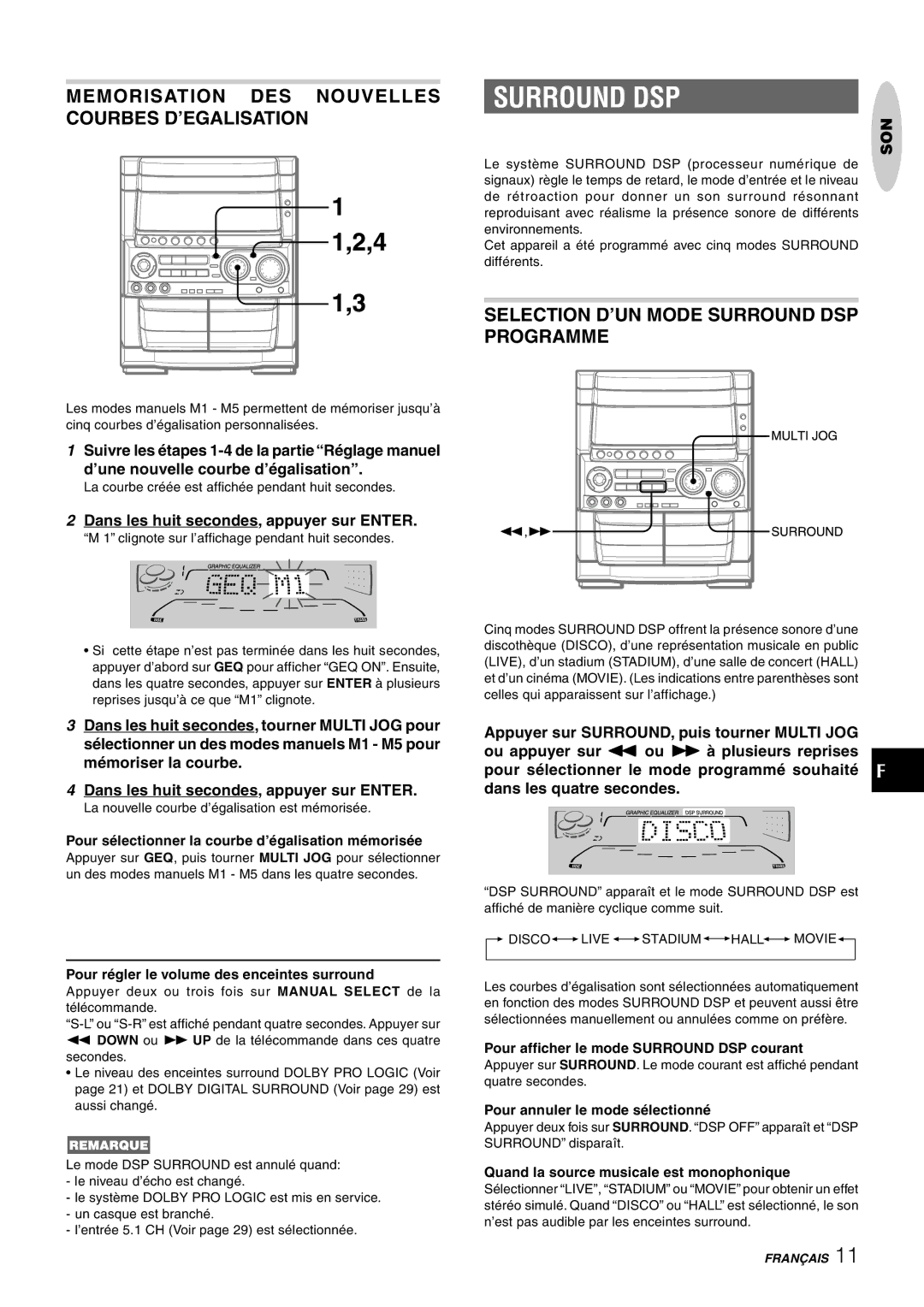 Aiwa CX-NHMT75 manual Memorisation DES Nouvelles Courbes D’EGALISATION, Selection D’UN Mode Surround DSP Programme 