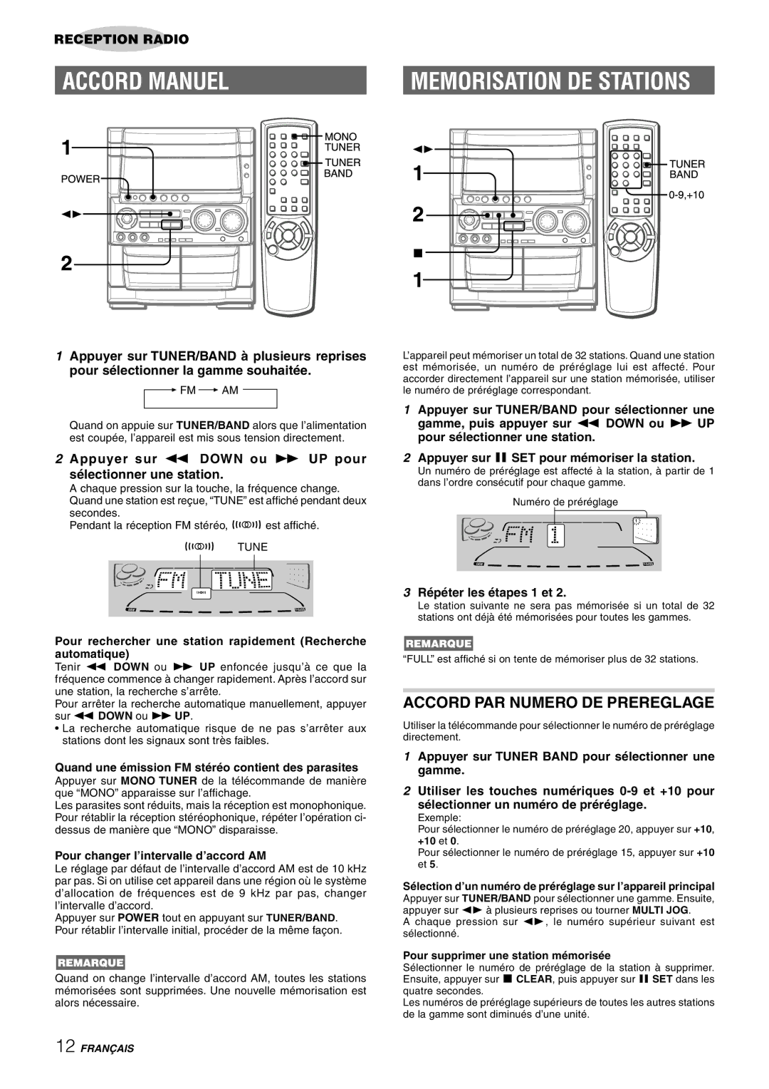 Aiwa CX-NHMT75 manual Accord Manuel, Memorisation DE Stations, Accord PAR Numero DE Prereglage, Répéter les étapes 1 et 