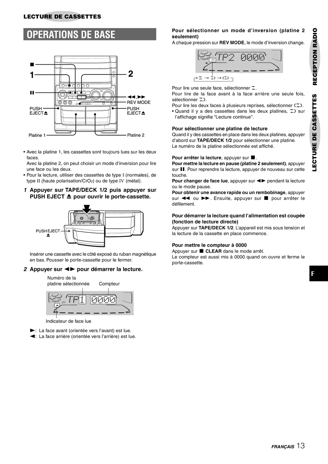 Aiwa CX-NHMT75 manual Operations DE Base, Appuyer sur d pour démarrer la lecture 