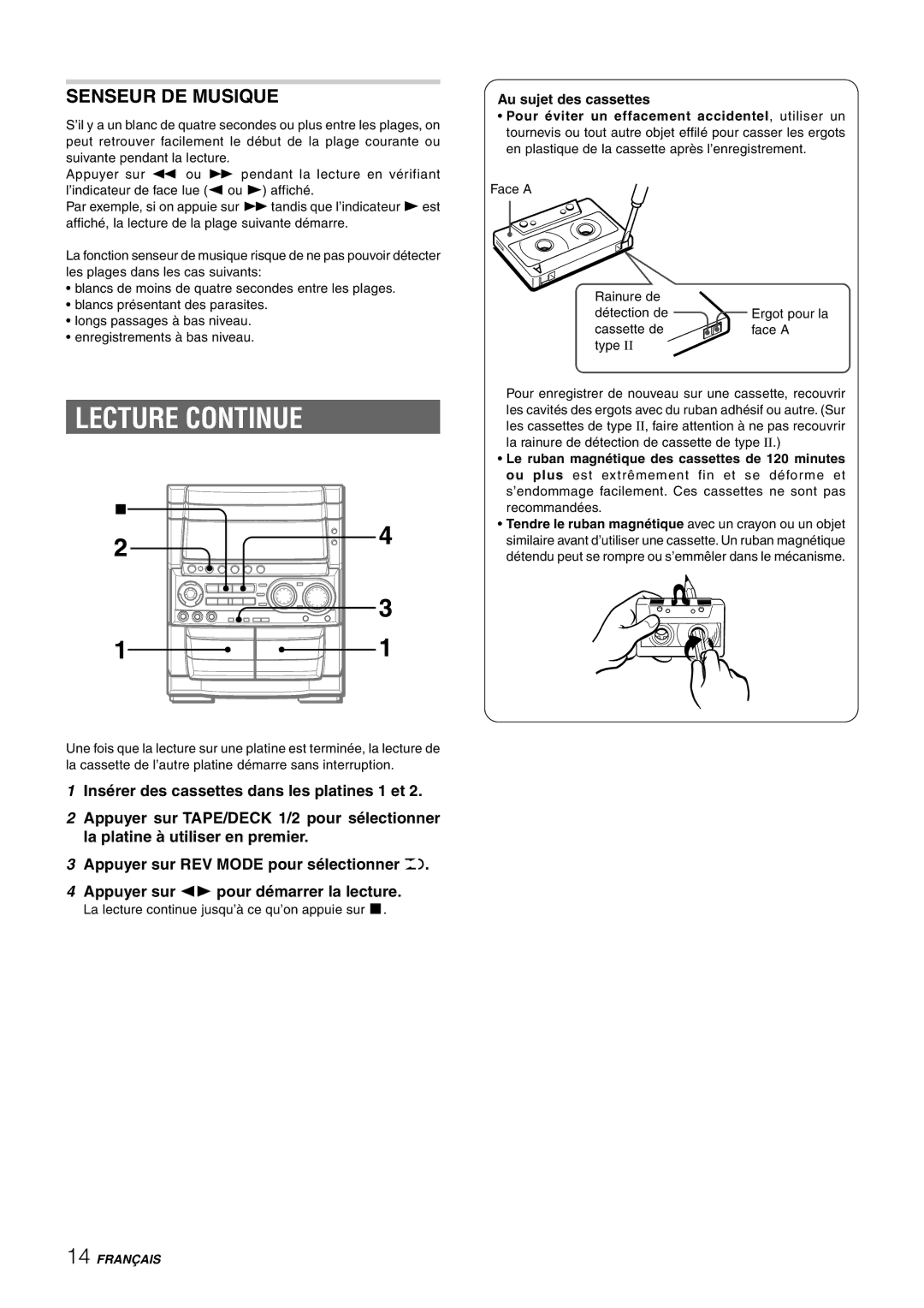 Aiwa CX-NHMT75 manual Lecture Continue, Senseur DE Musique, Au sujet des cassettes 