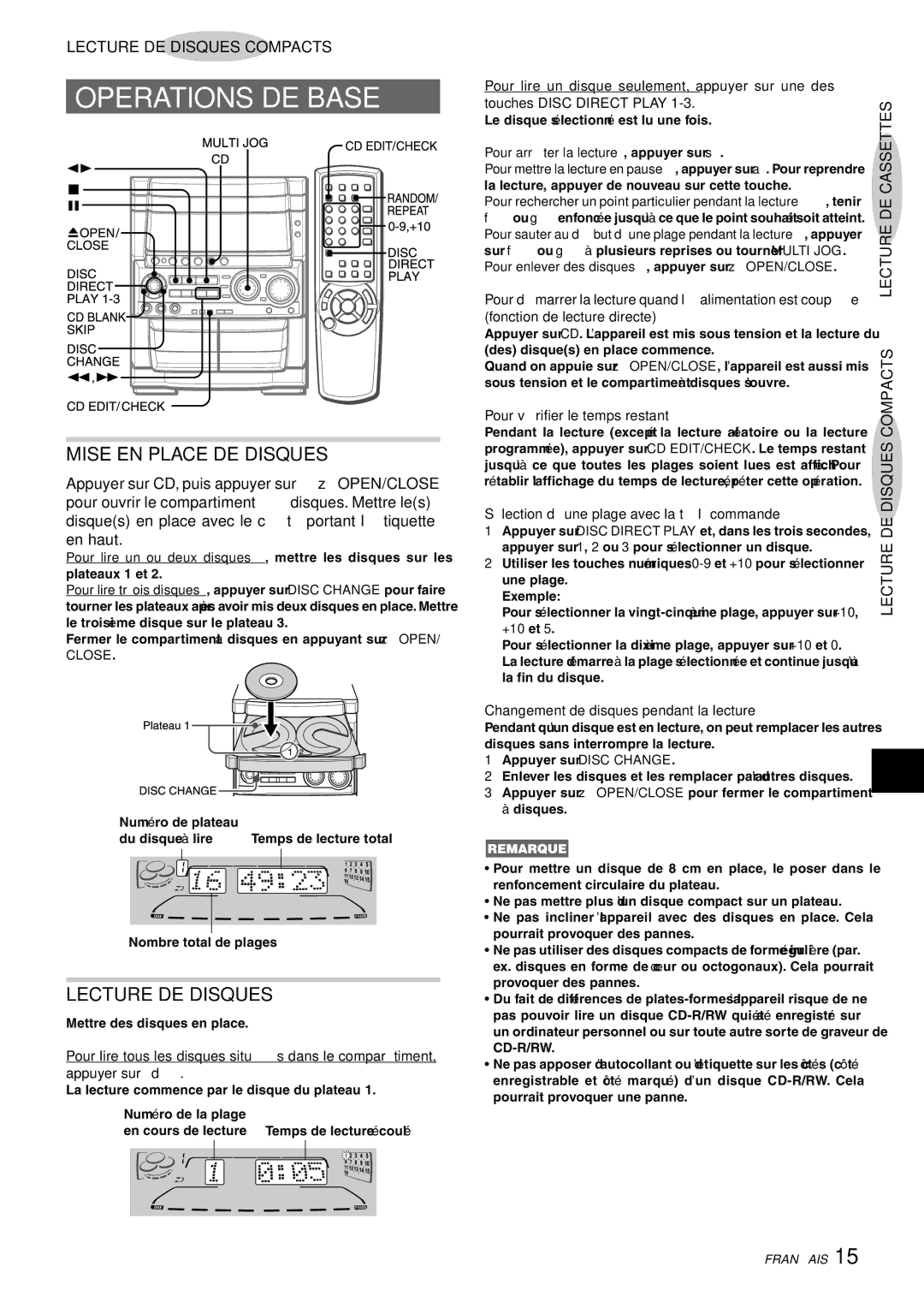 Aiwa CX-NHMT75 manual Mise EN Place DE Disques, Lecture DE Disques, Cassettes 