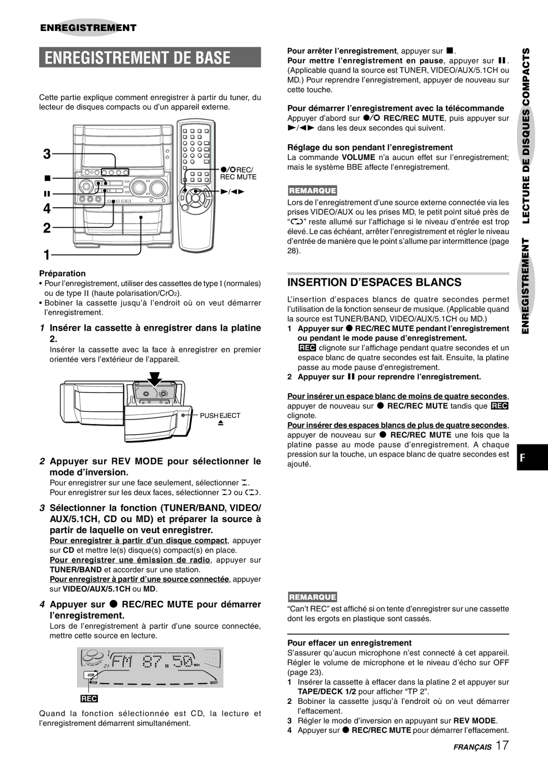 Aiwa CX-NHMT75 manual Enregistrement DE Base, Insertion D’ESPACES Blancs, Enregistrement Lecture DE Disques Compacts 