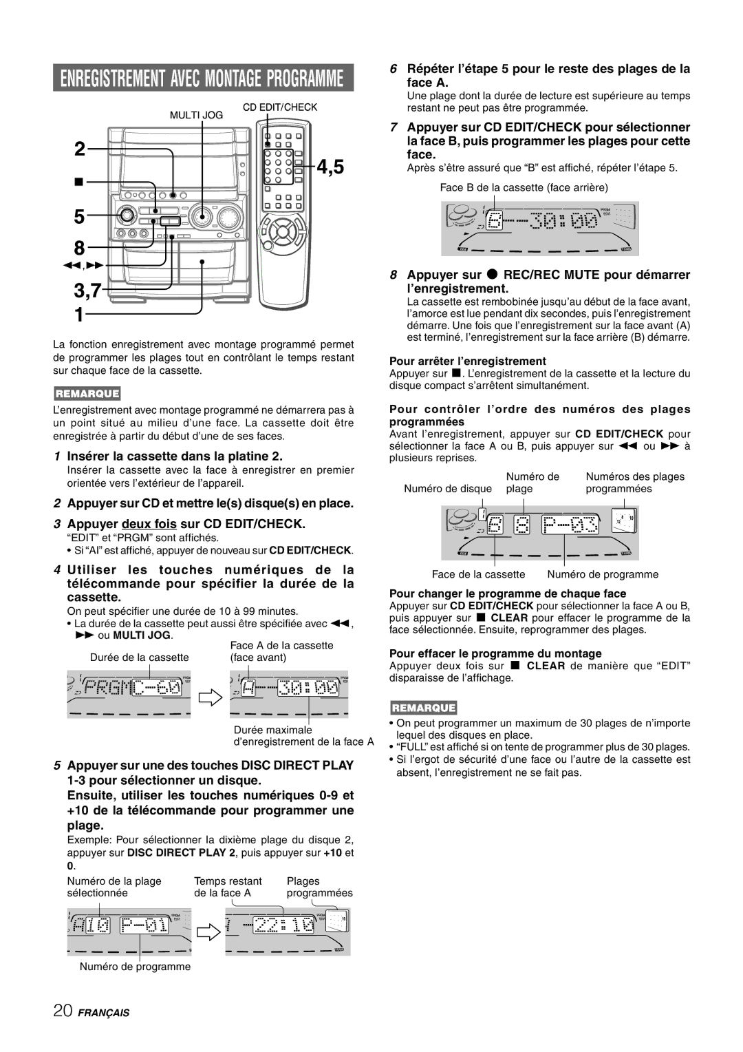 Aiwa CX-NHMT75 manual Répéter l’étape 5 pour le reste des plages de la Face a, Pour changer le programme de chaque face 