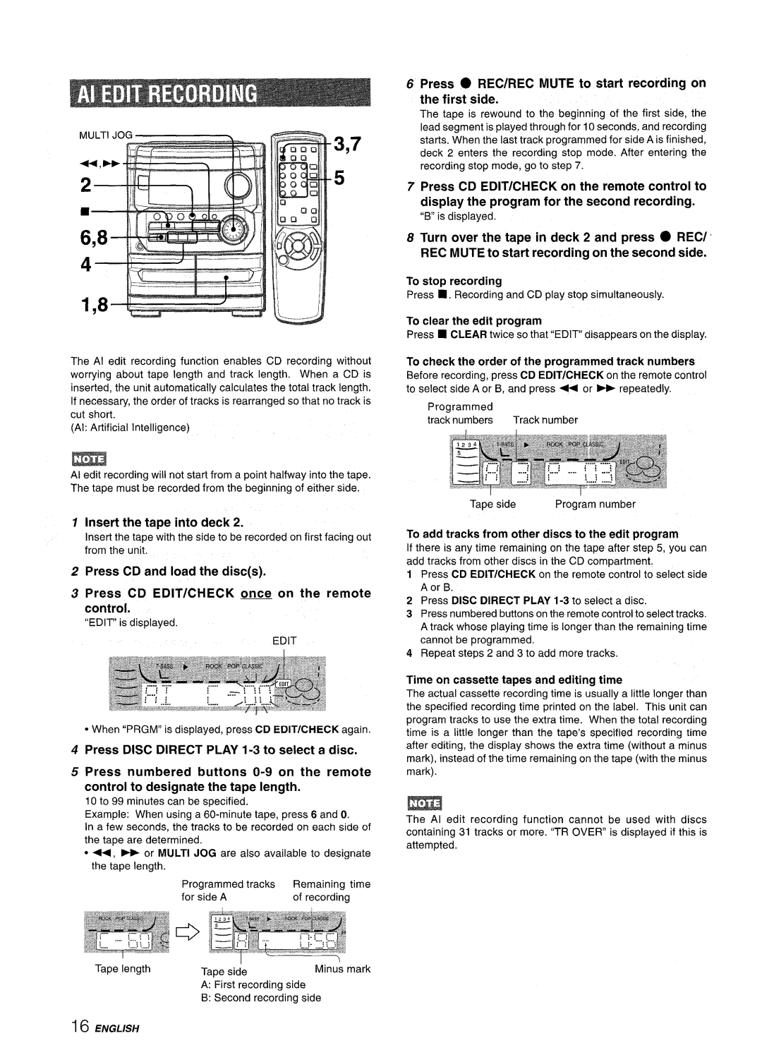 Aiwa CX-NMT240, NSX-MT241 manual Insert the tape into deck, Control to designate the tape length 