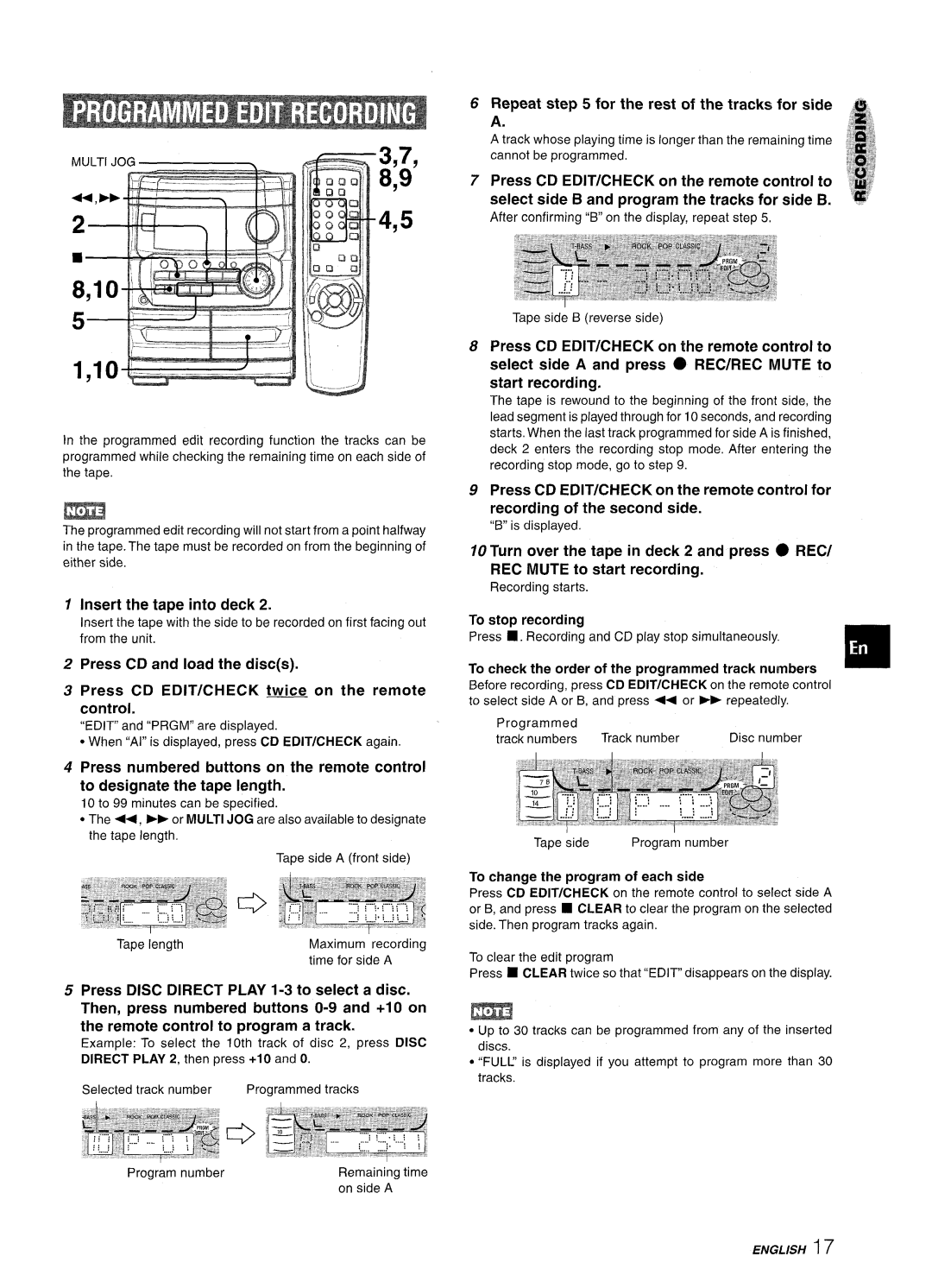 Aiwa NSX-MT241 Repeat for the rest of the tracks for side a, Direct Play 2, then press +10 and O Selected track number 