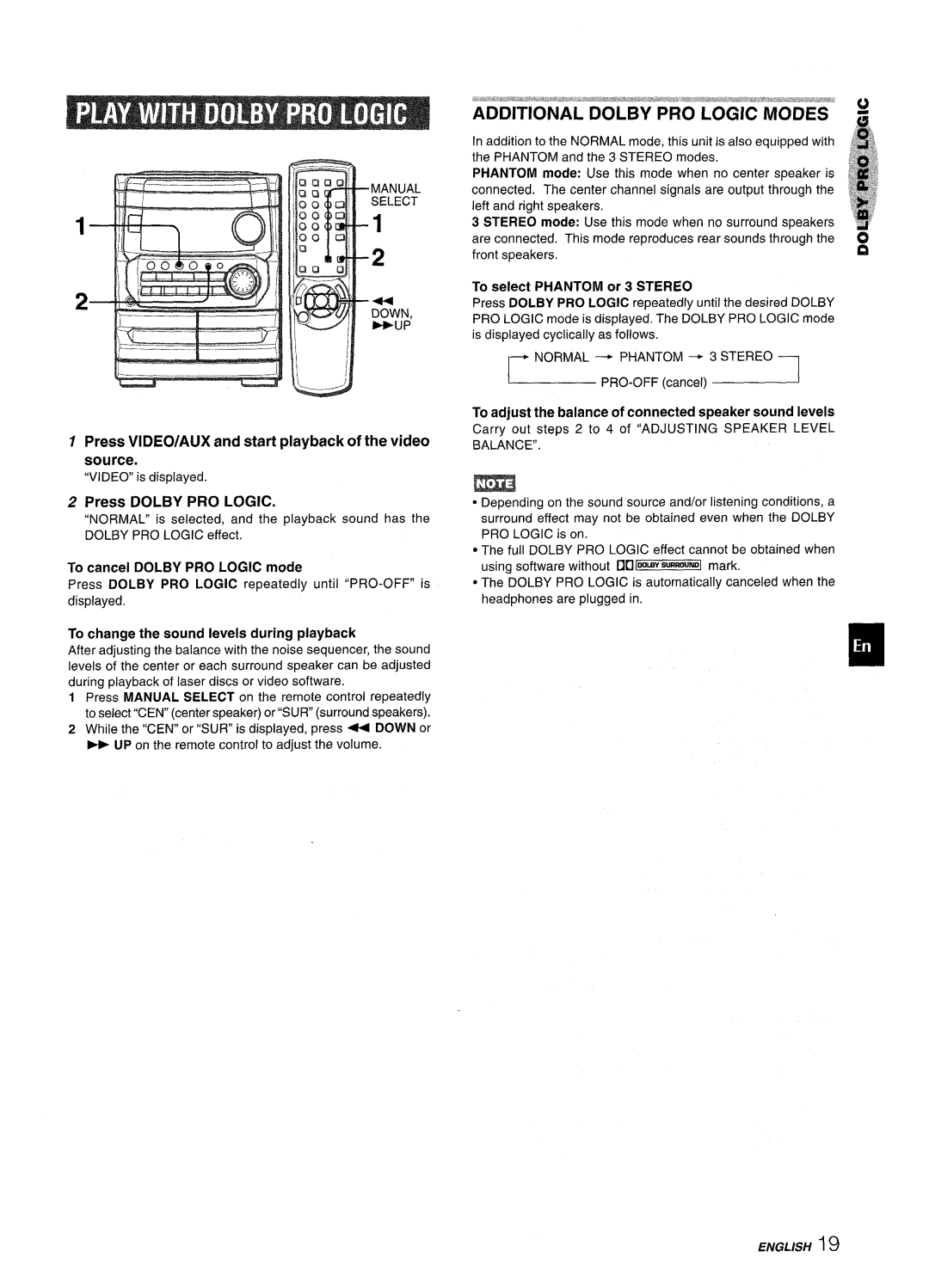 Aiwa NSX-MT241, CX-NMT240 manual Press VI DEO/AUX and start playback of the video source, Press Dolby PRO Logic 