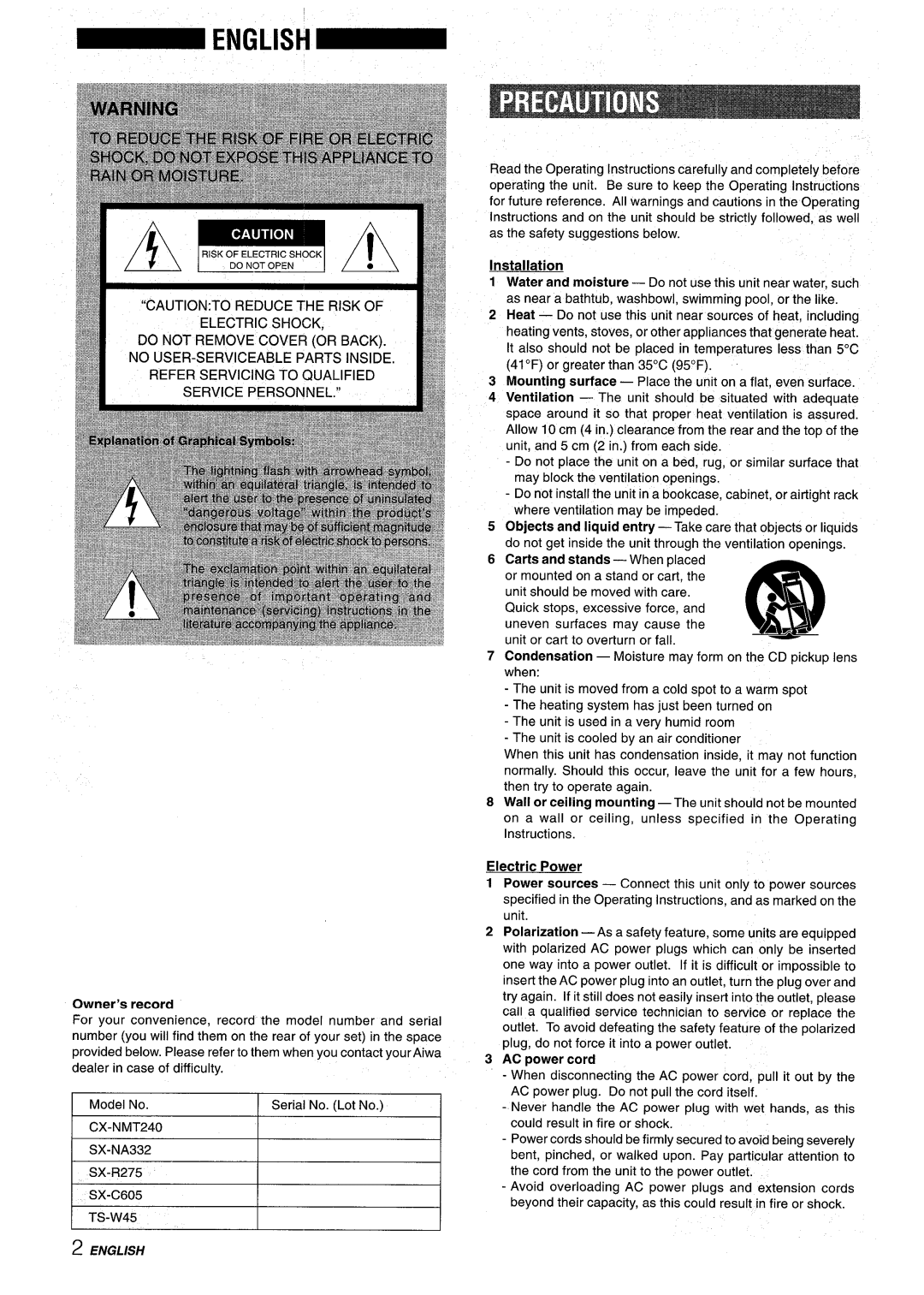 Aiwa CX-NMT240, NSX-MT241 manual Owner’s record, Installation, Carts and stands When placed, Electric Power, AC power cord 